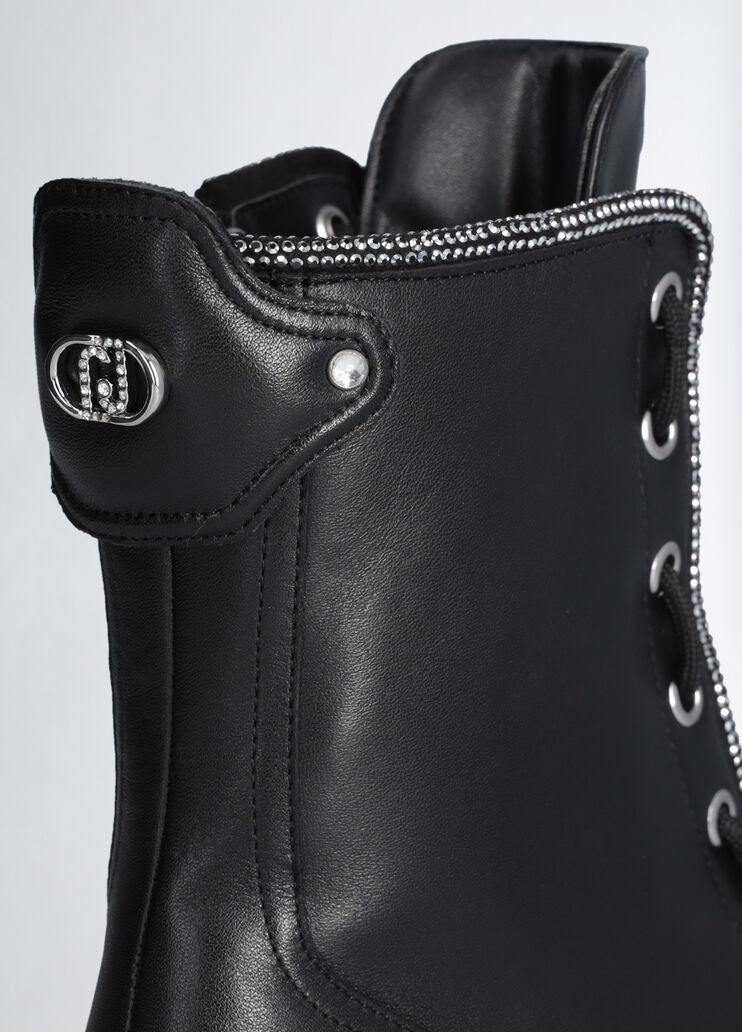 Combat boots with rhinestone trim