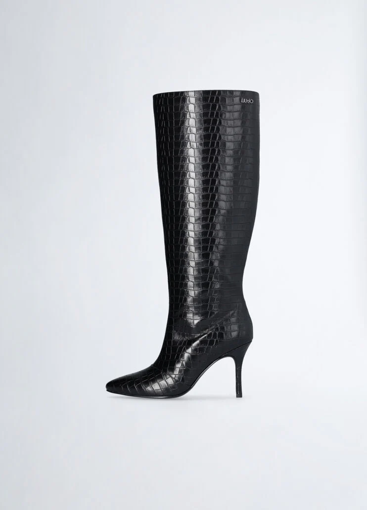 Crocodile-print knee-high boots