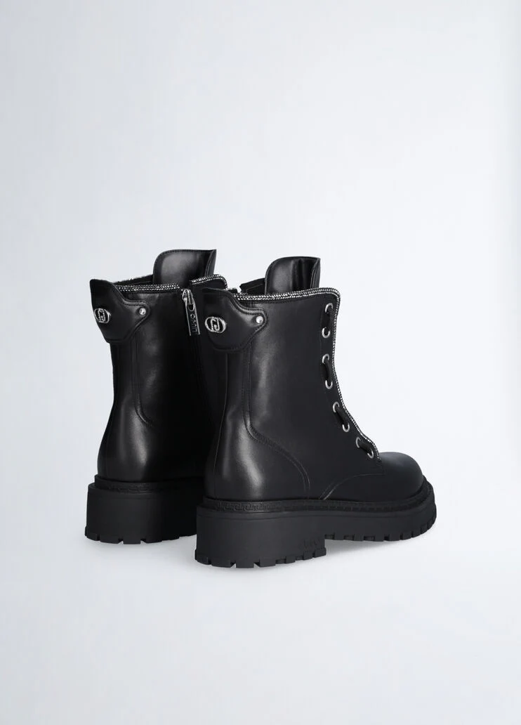 Combat boots with rhinestone trim