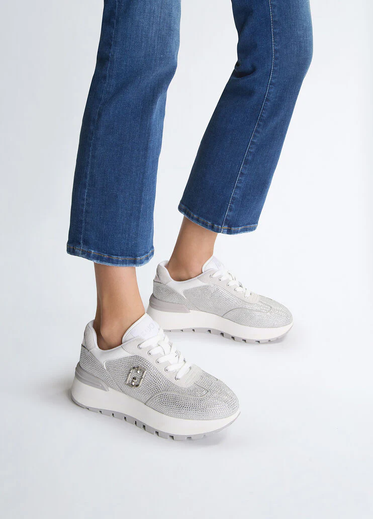 White sneakers with all-over rhinestones