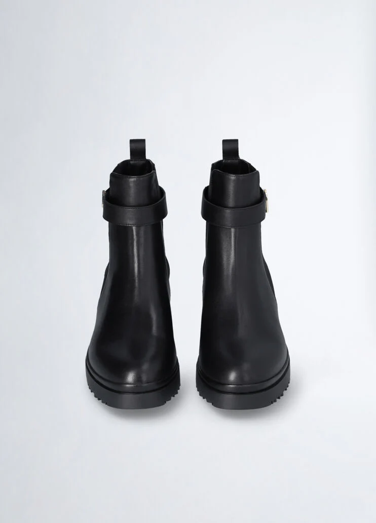 Black leather ankle boots with logo