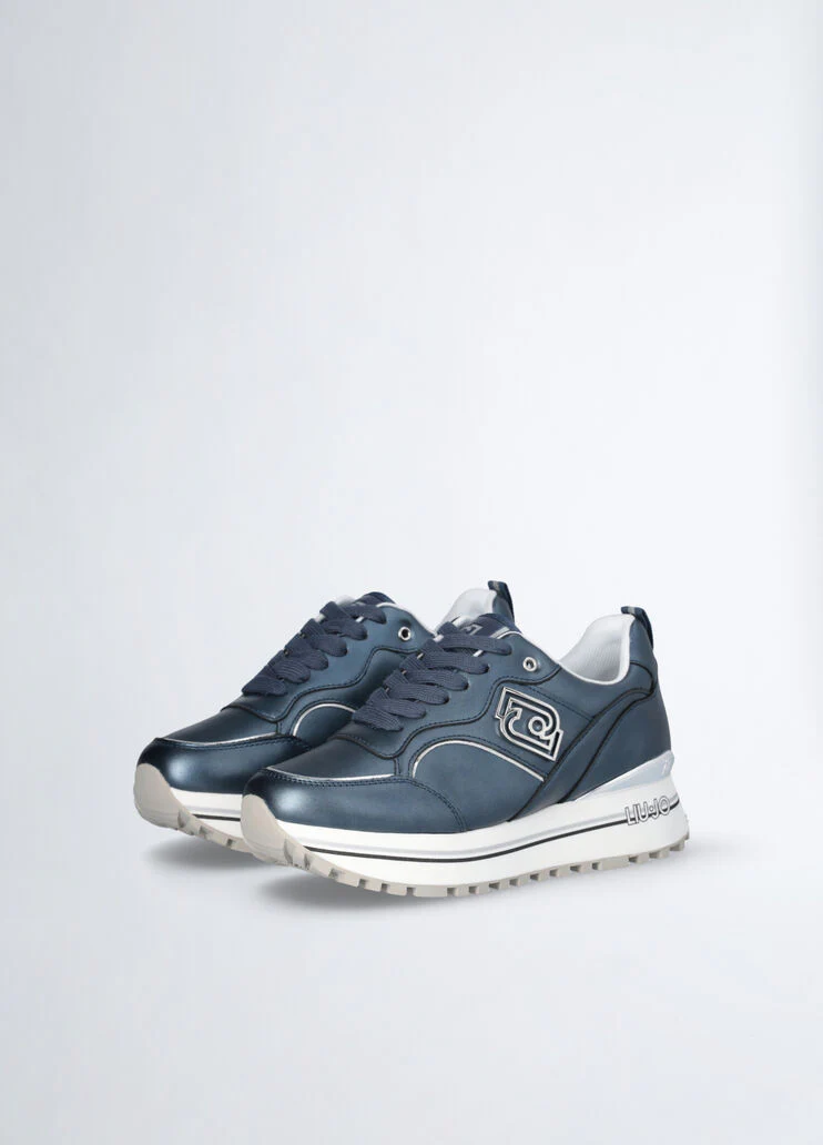 Blue metallic-effect leather platform sneakers