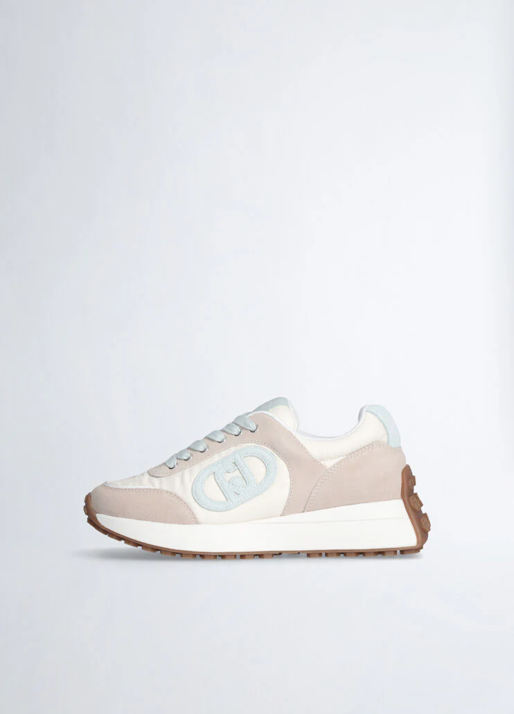 Beige sneakers with light blue logo
