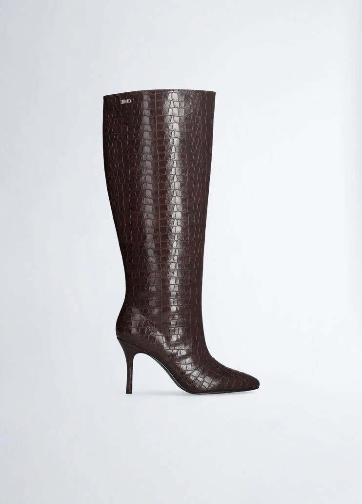 Crocodile-print knee-high boots