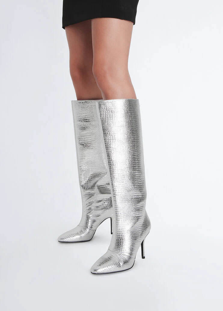 Crocodile-print knee-high boots