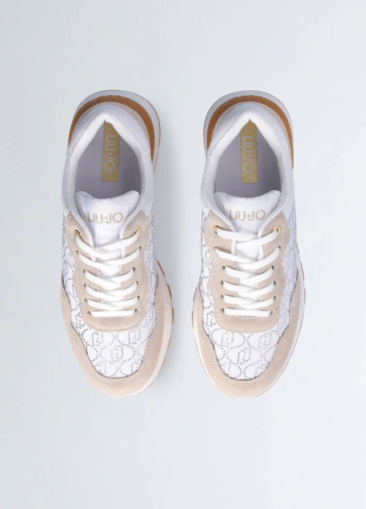 White sneakers with rhinestone-detailed logo