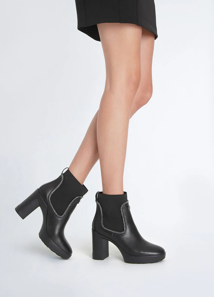 Black leather ankle boots with rhinestones