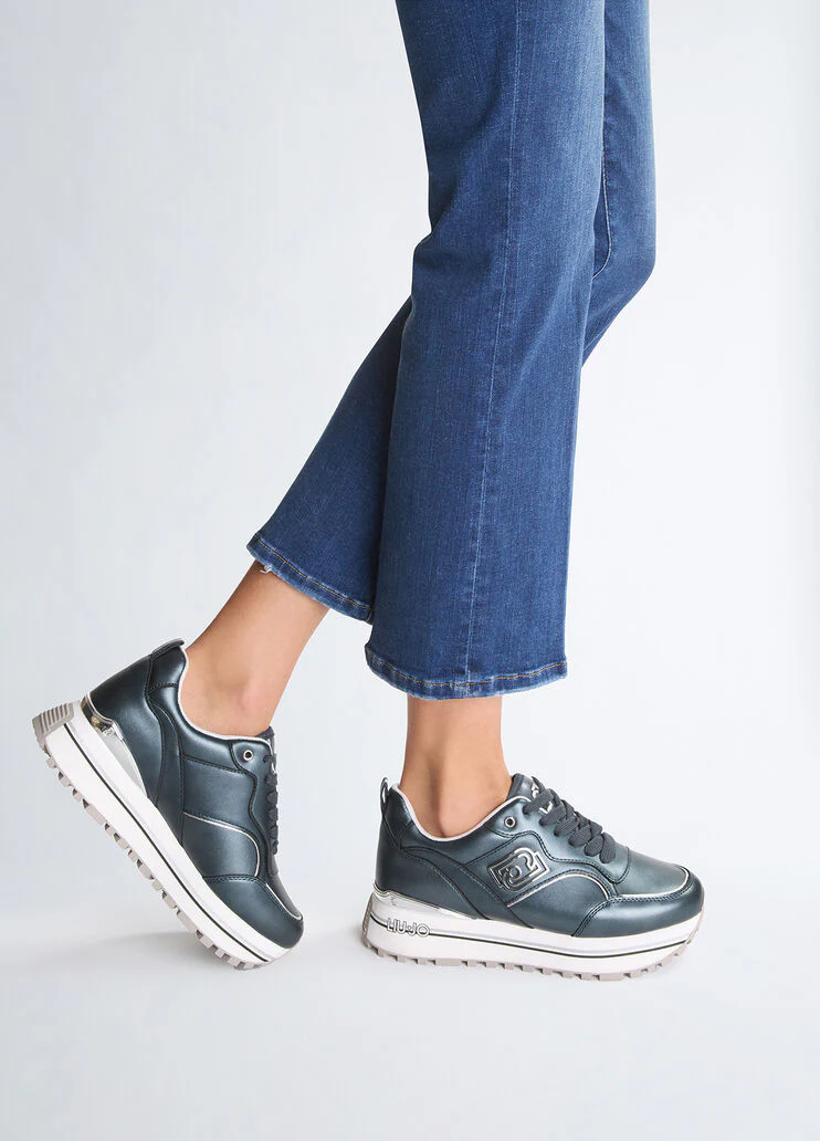 Blue metallic-effect leather platform sneakers