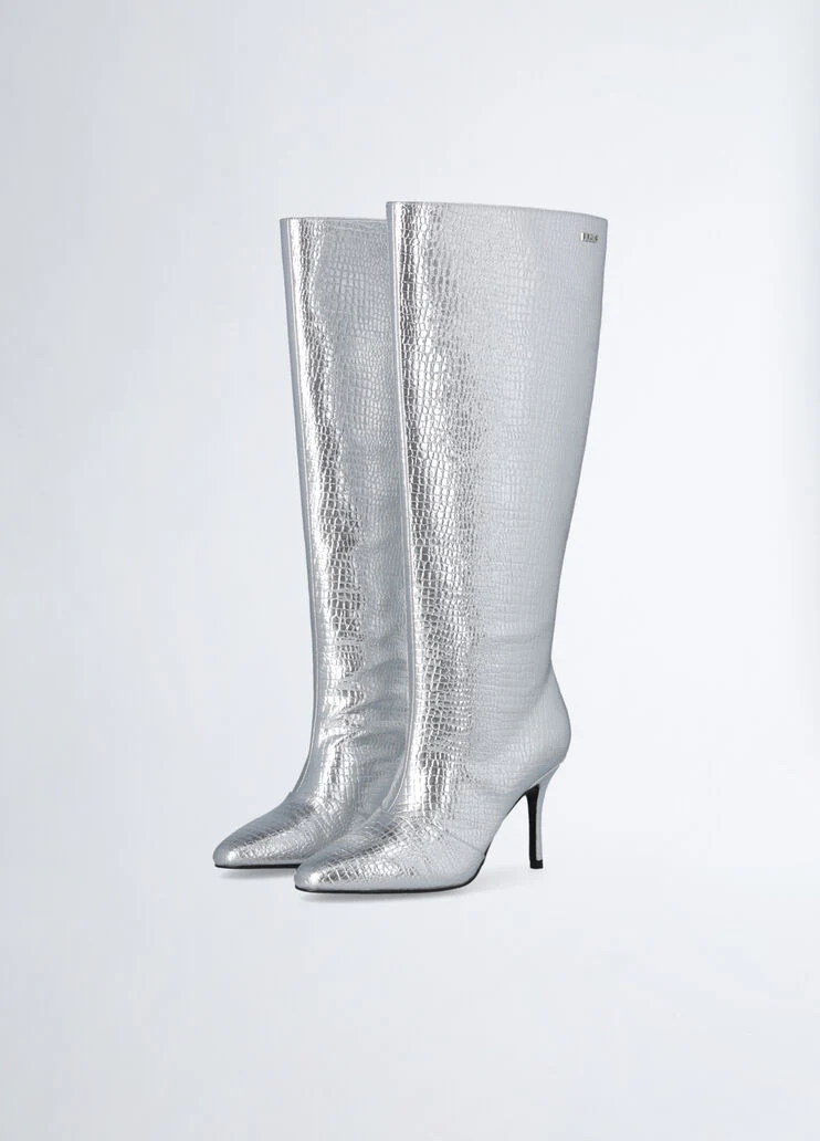 Crocodile-print knee-high boots