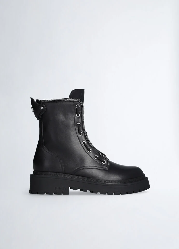 Combat boots with rhinestone trim