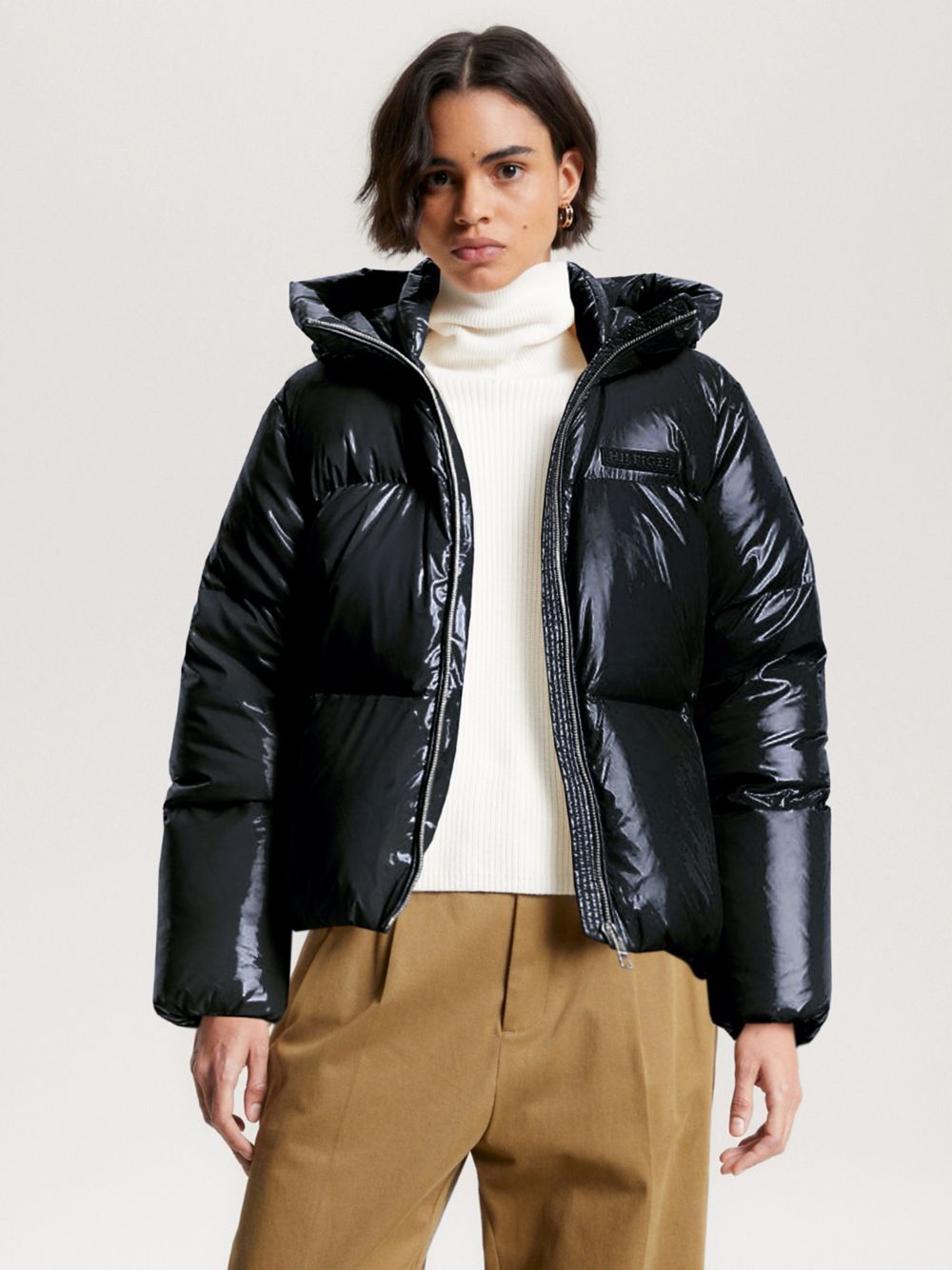 New York TH Logo Glossy Puffer Jacket - Navy