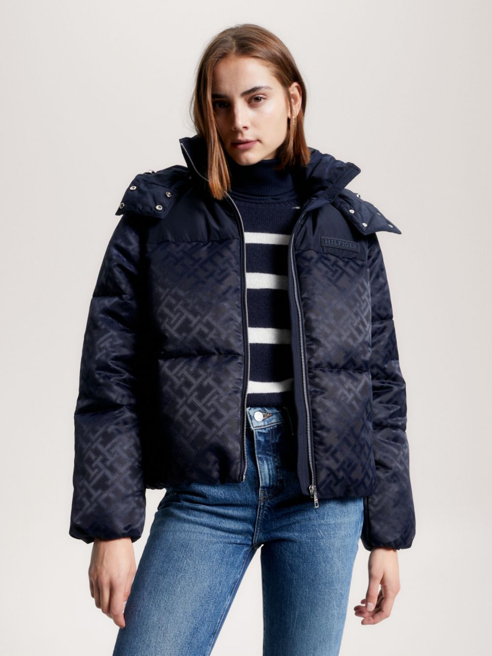 New York Monogram Jacquard Puffer Jacket - Navy