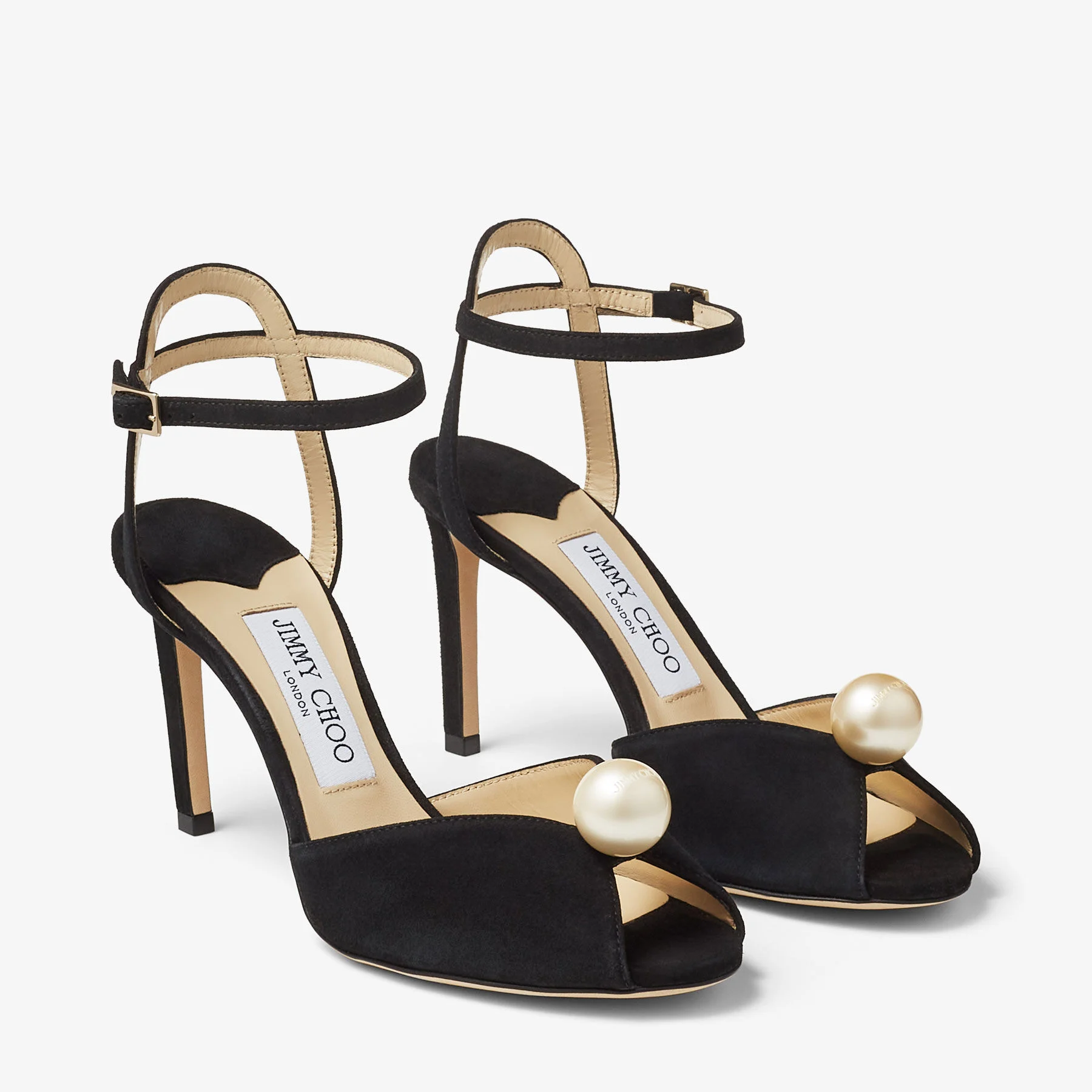 Sacora 85 Black Suede Sandals with Pearl Embellishment