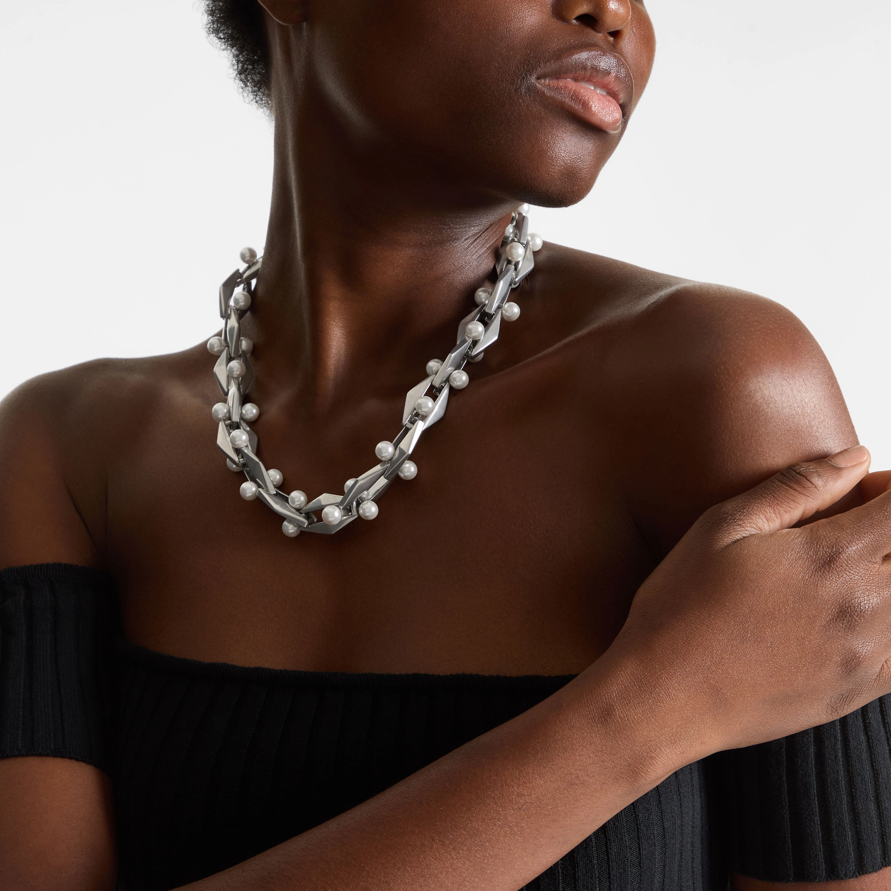 Diamond Chain Necklace Antique Silver Finish Pearl Necklace