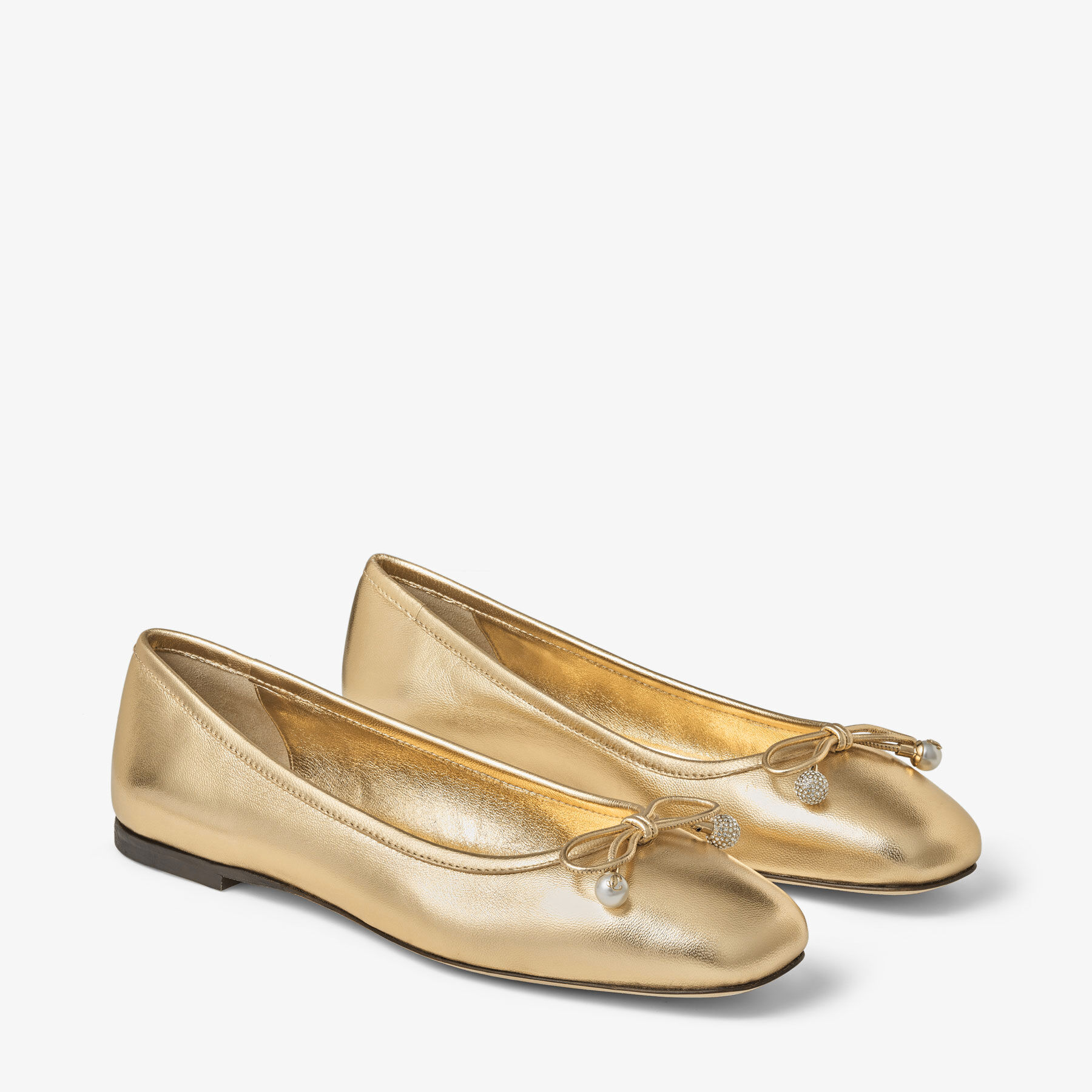 Elme Flat Gold Metallic Nappa Leather Flats with Pearl Embellishment