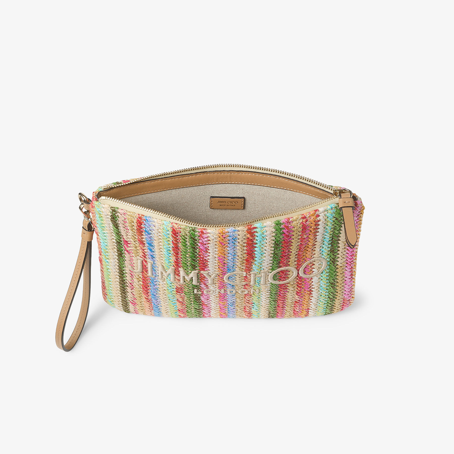 Zip Top Pouch Ecru Striped Raffia Pouch