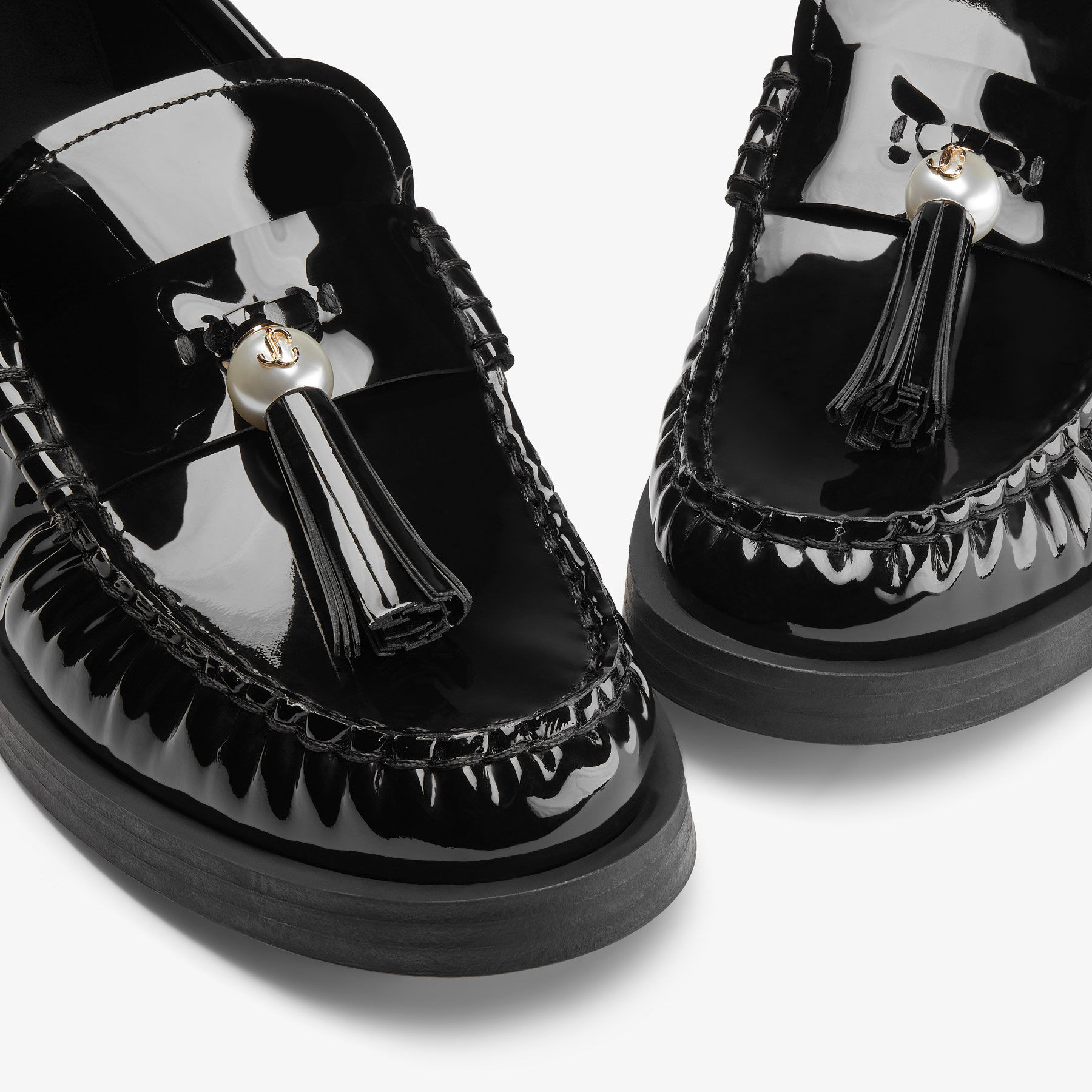 Addie Loafer Black Patent Leather Flat Loafers with Pearl Tassel