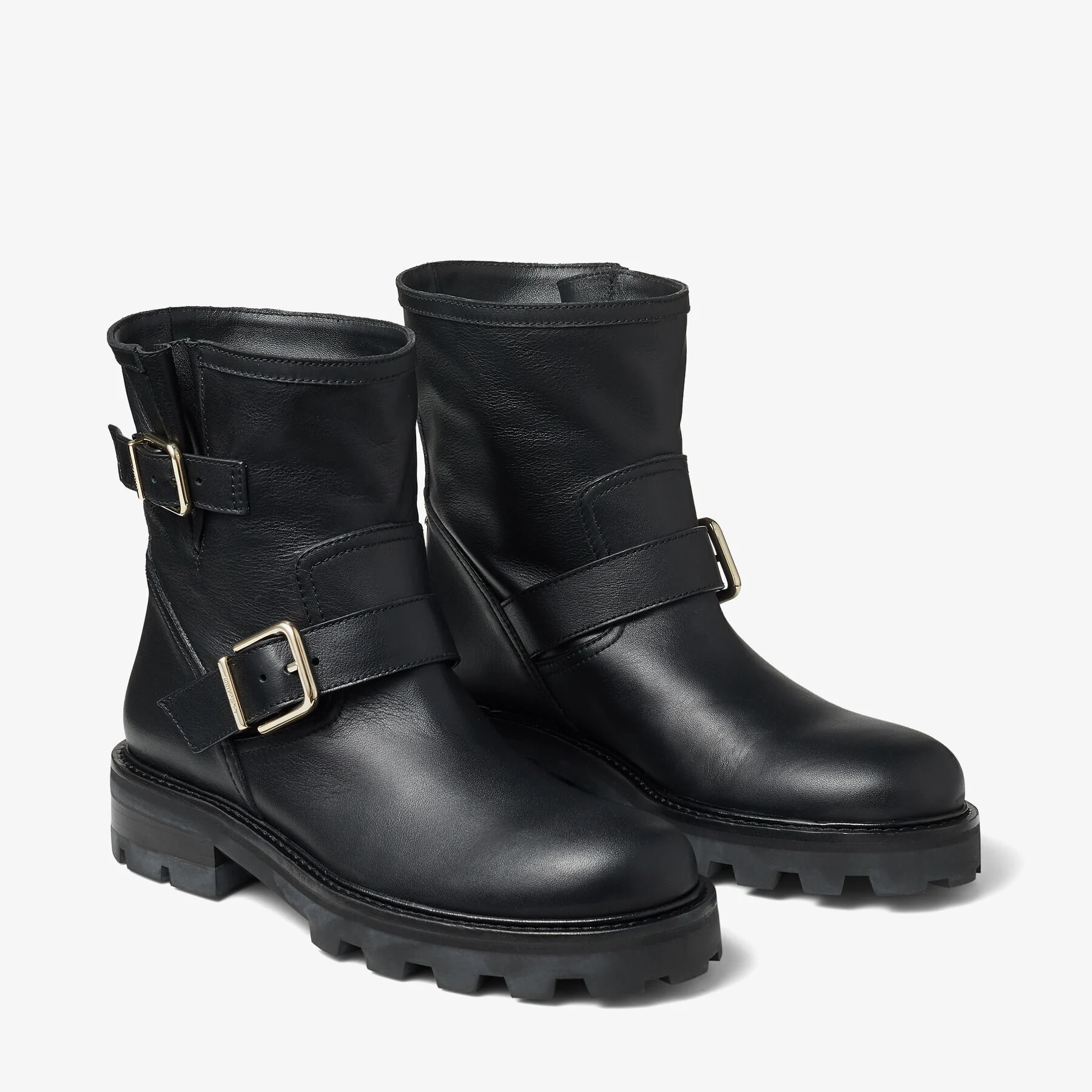 Youth II Black Smooth Leather Biker Boots with Gold Buckles