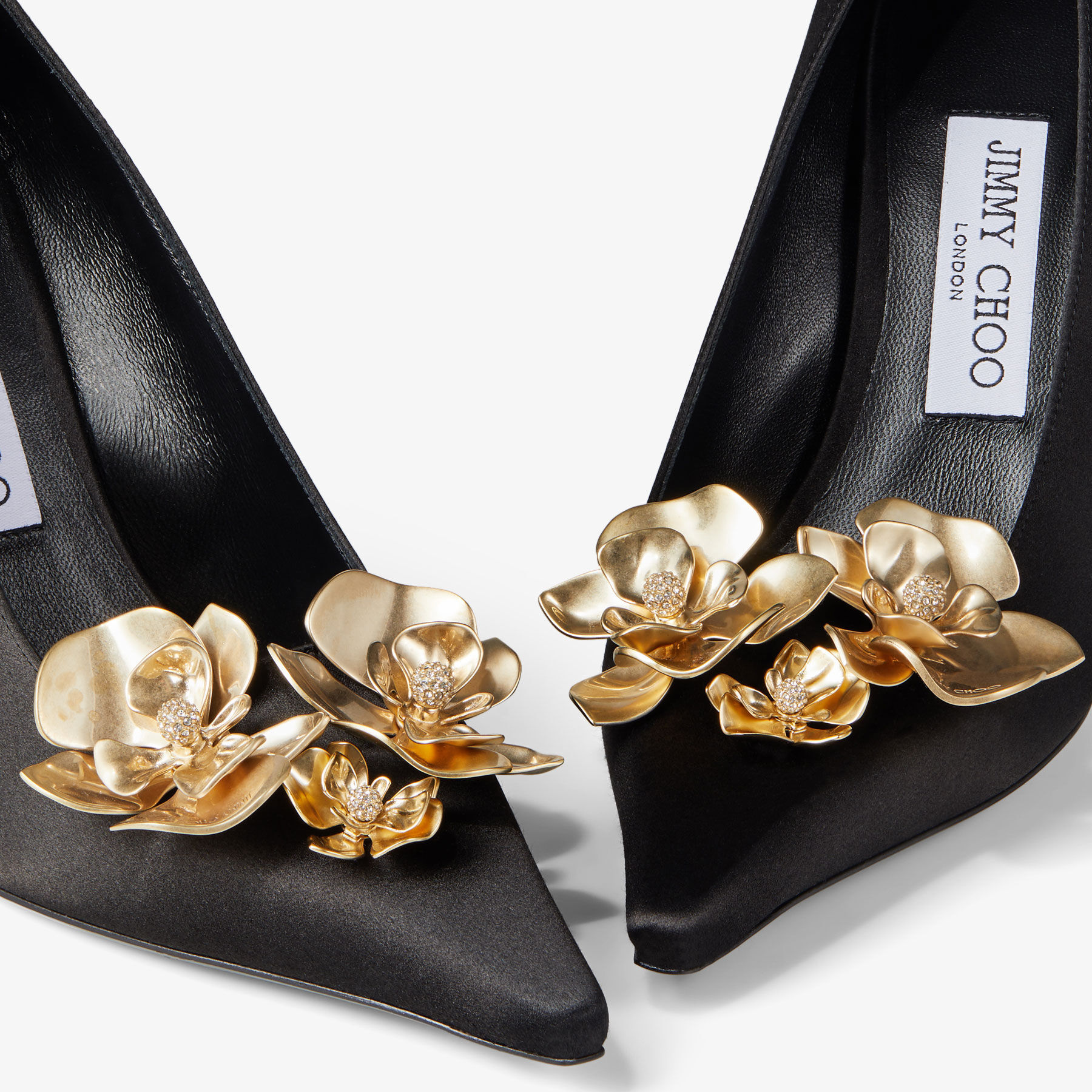 Ixia 95 Black Satin Pumps with Flowers