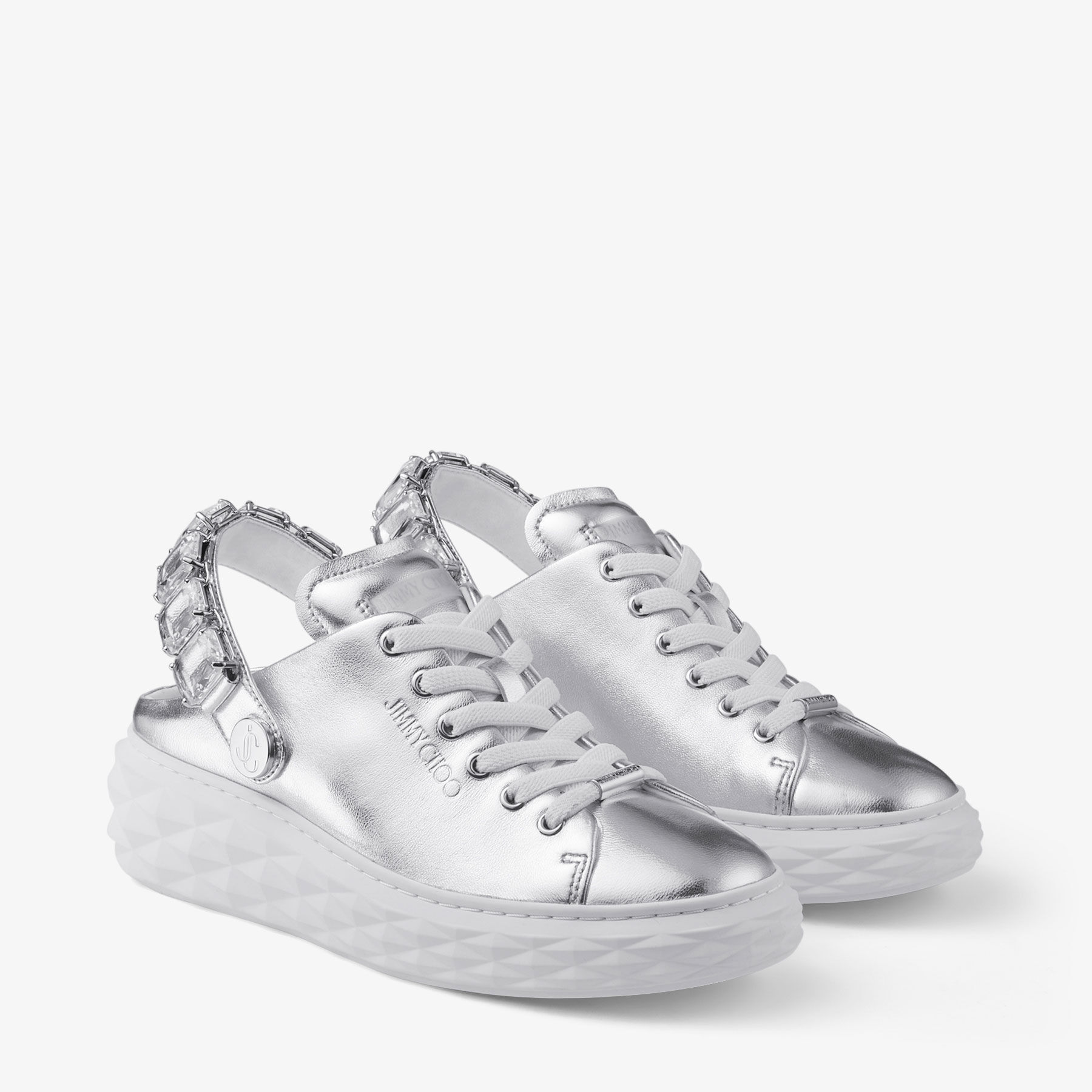 Diamond Sling Silver Metallic Leather Slipper Trainers with Crystal Strap