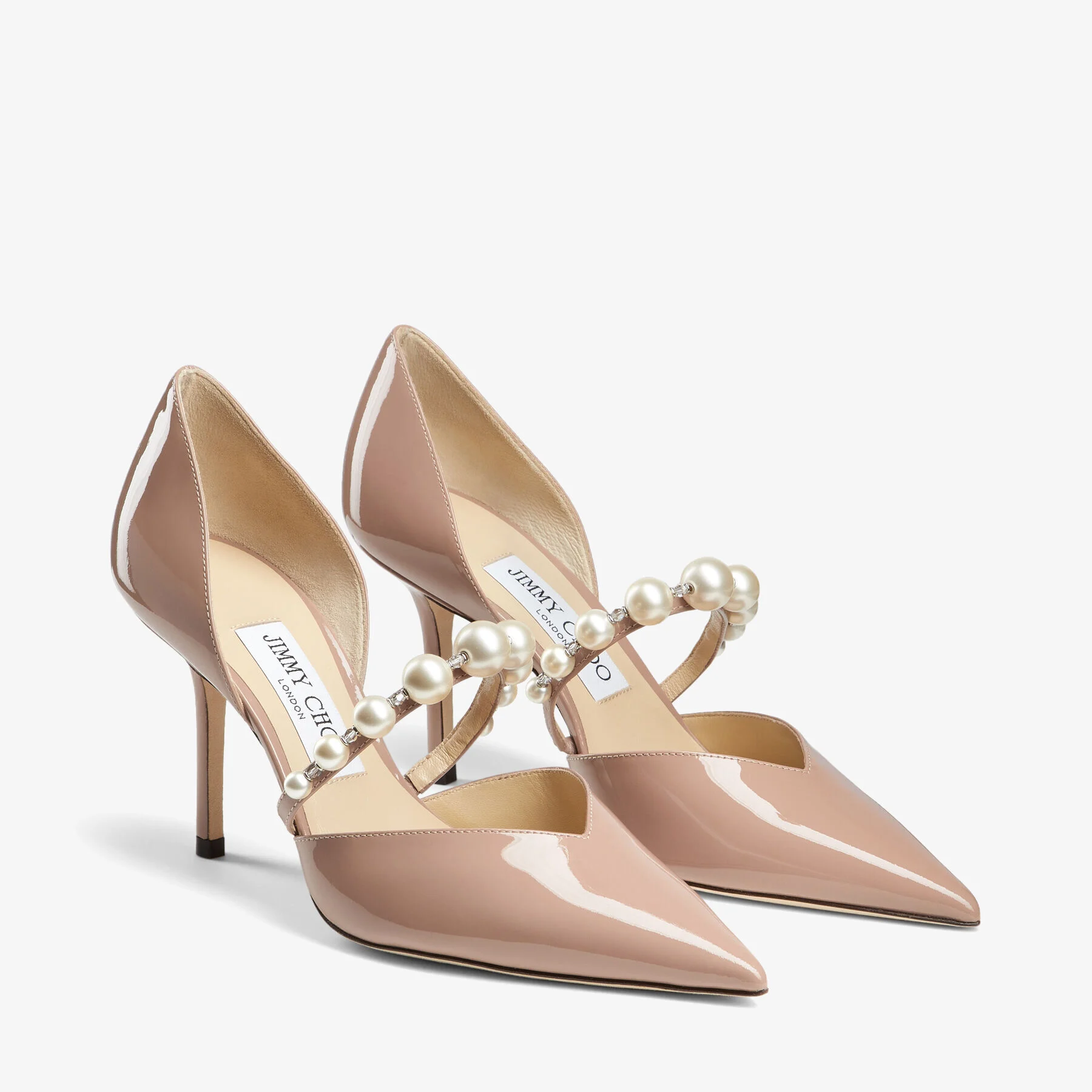 Aurelie 85 Ballet Pink Patent Leather Pointed Pumps with Pearl Embellishment