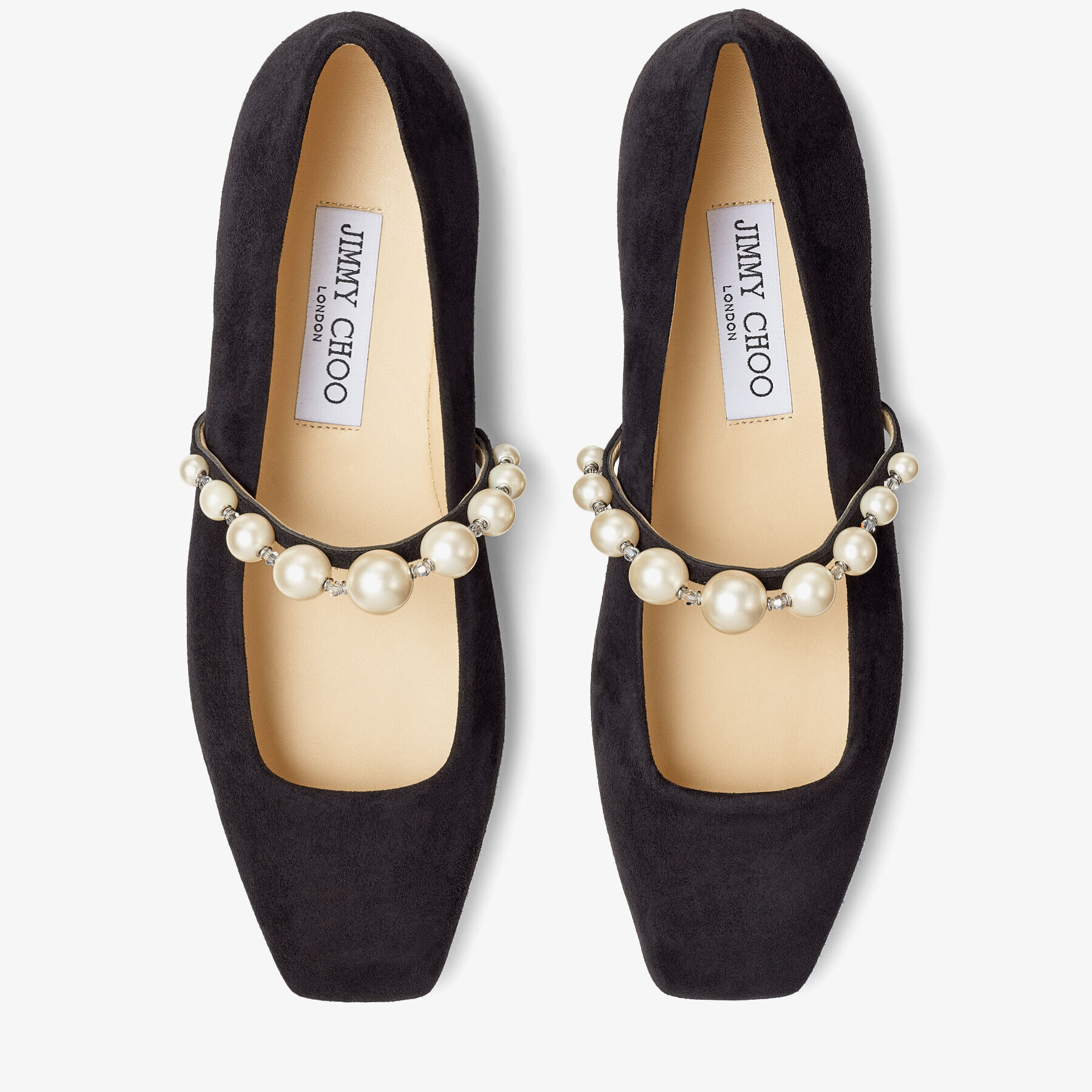 Ade Flat Black Suede Flats with Pearl Embellishment