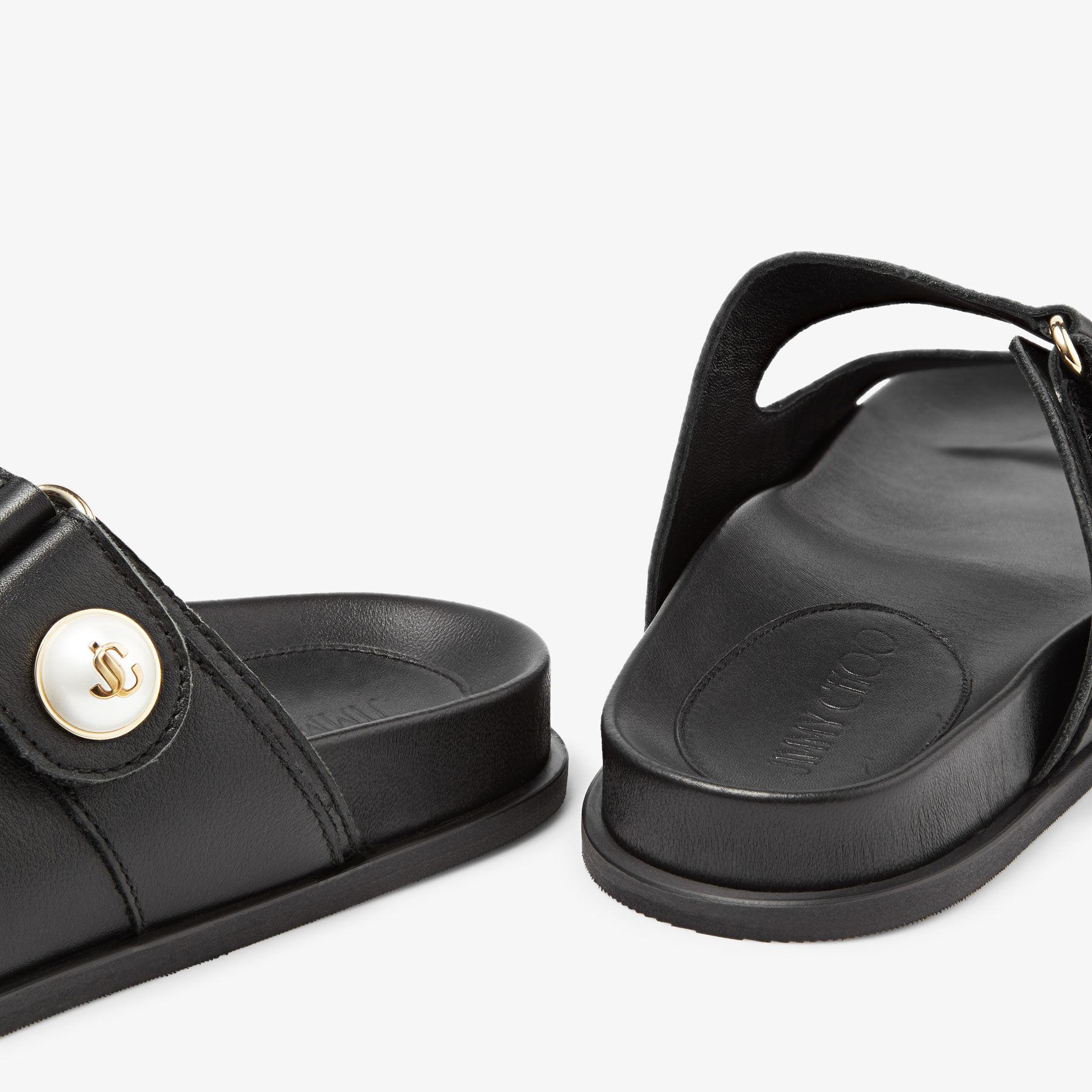 Fayence Sandal Black Leather Flat Sandals with Pearl Embellishment