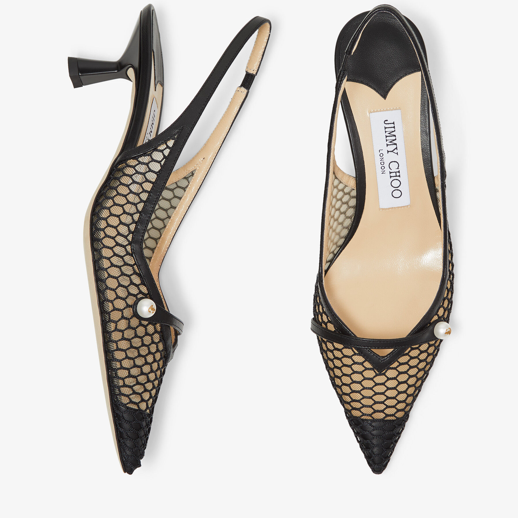 Amita 45 Black Fishnet Mesh and Nappa Slingback Pumps