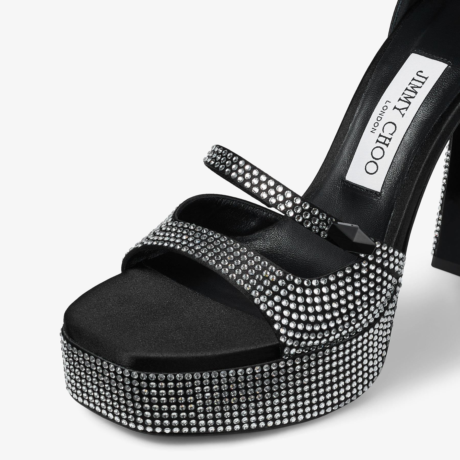Claressa Platform 125 Black Satin Crystal Platform Sandals