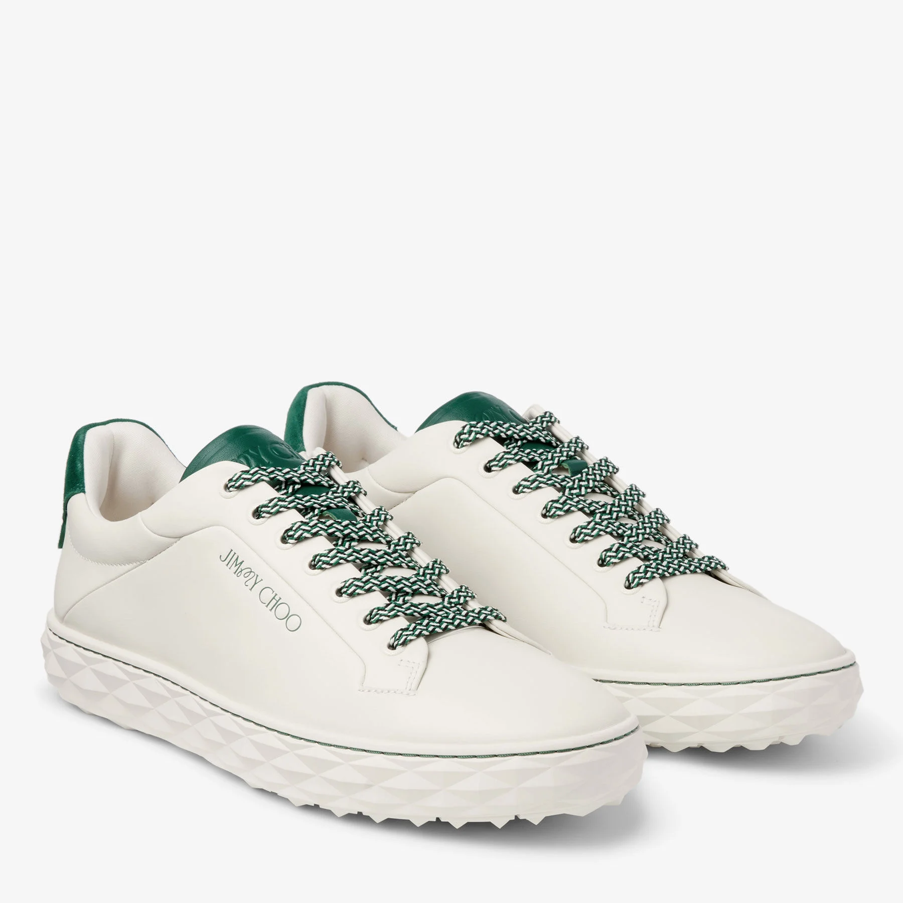 Jimmy Choo / Malbon 2.0 Diamond M Latte Leather and Malbon Green Trainers with Detachable Kiltie
