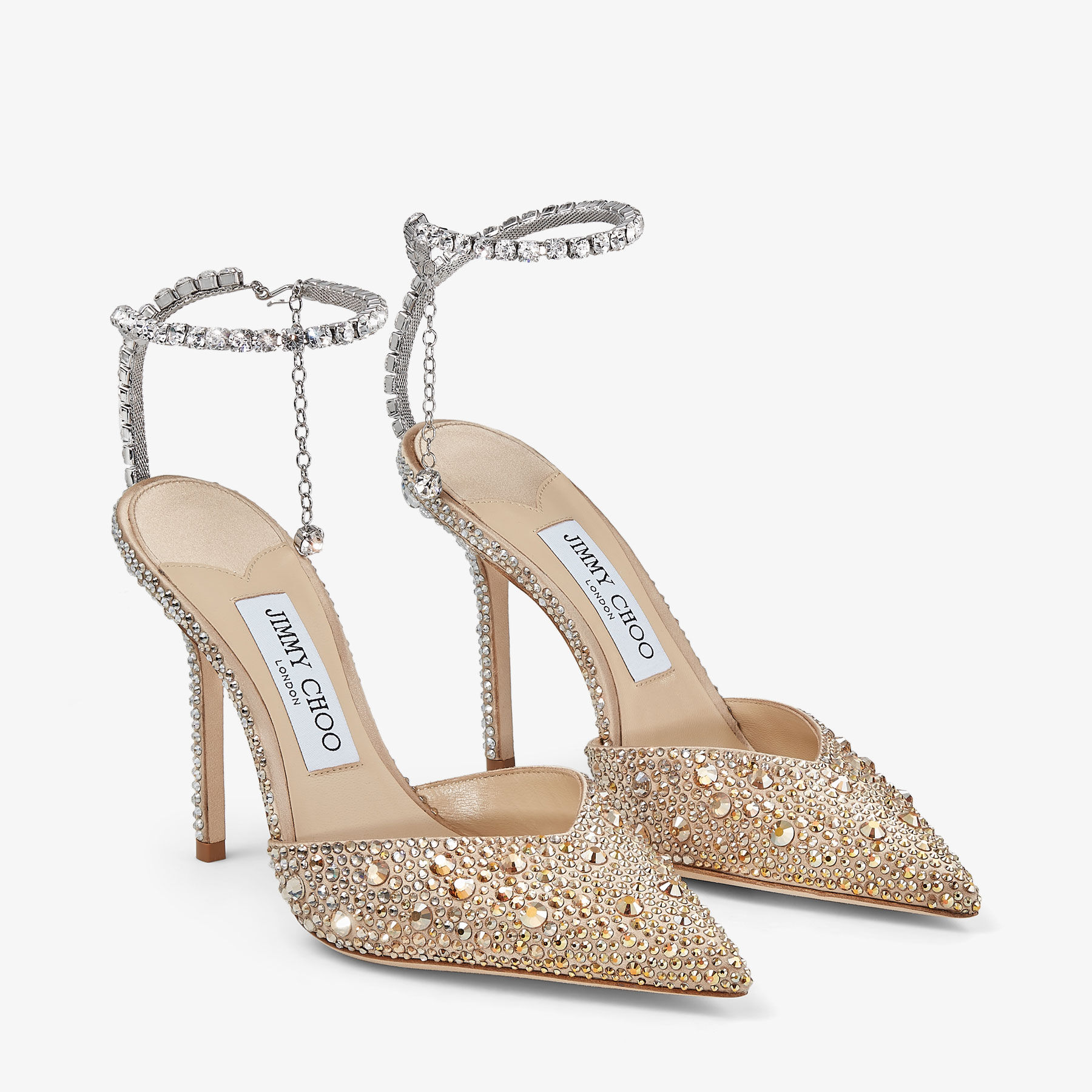 Saeda 100 Gold Satin Pumps with Crystals