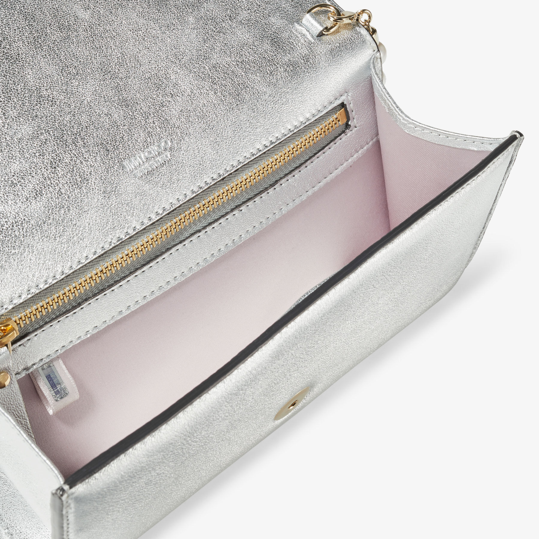 Avenue Wallet Silver Metallic Nappa Leather Wallet with Pearl Strap