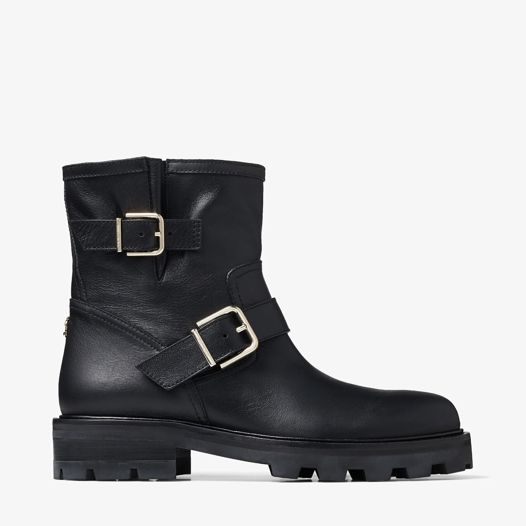 Youth II Black Smooth Leather Biker Boots with Gold Buckles
