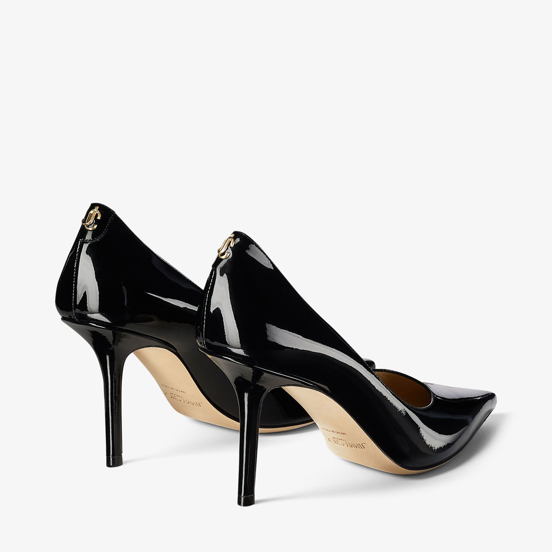 Love 85 Black Patent Leather Pumps with JC Emblem