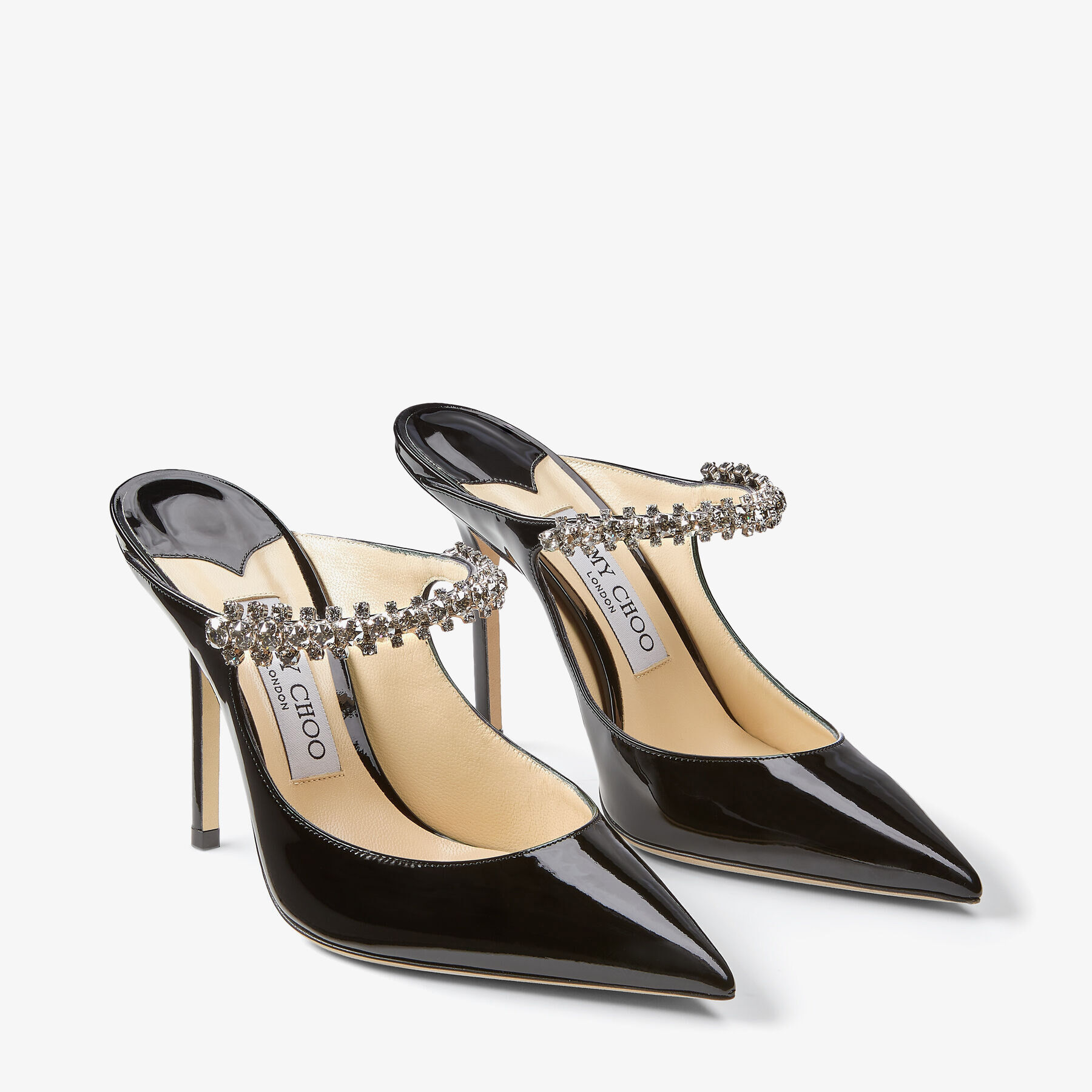 Bing 100 Black Patent Leather Mules with Crystal Strap