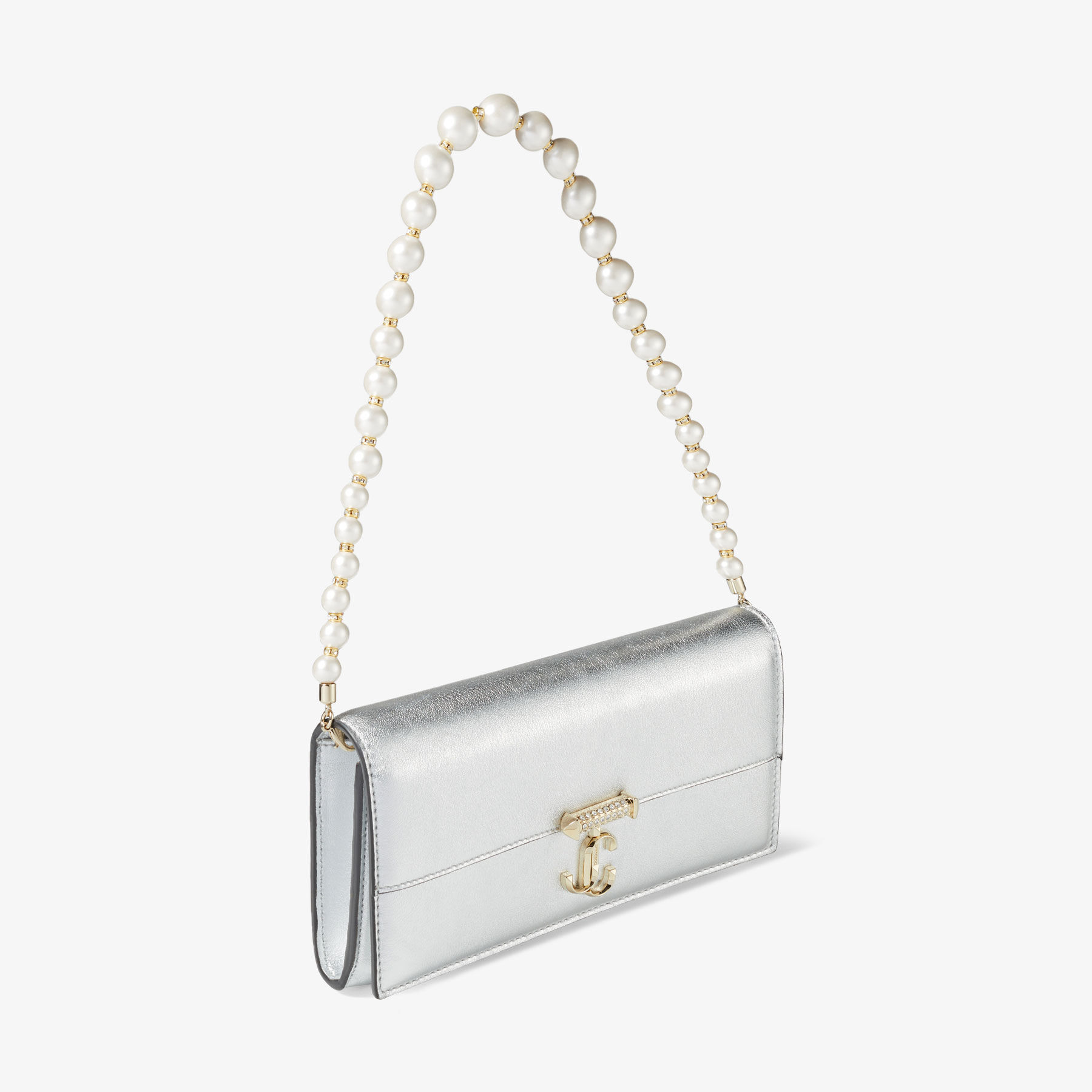 Avenue Wallet Silver Metallic Nappa Leather Wallet with Pearl Strap