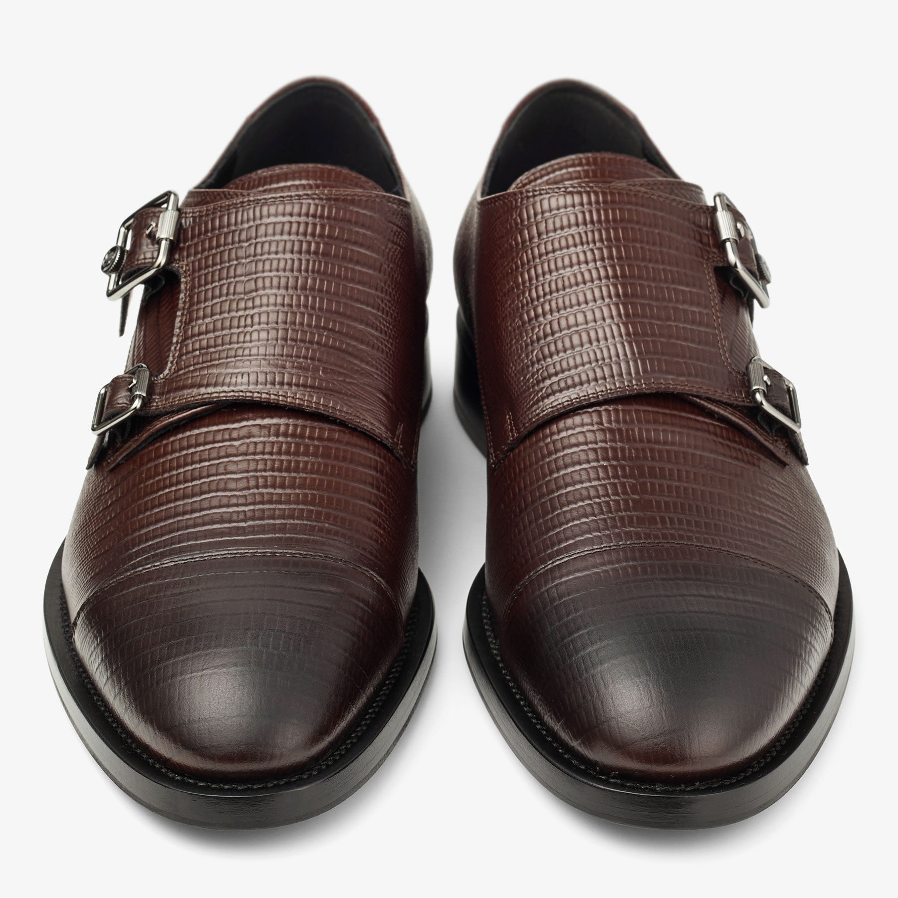 Finnion Monkstrap Coffee Lizard Printed Leather Shoes
