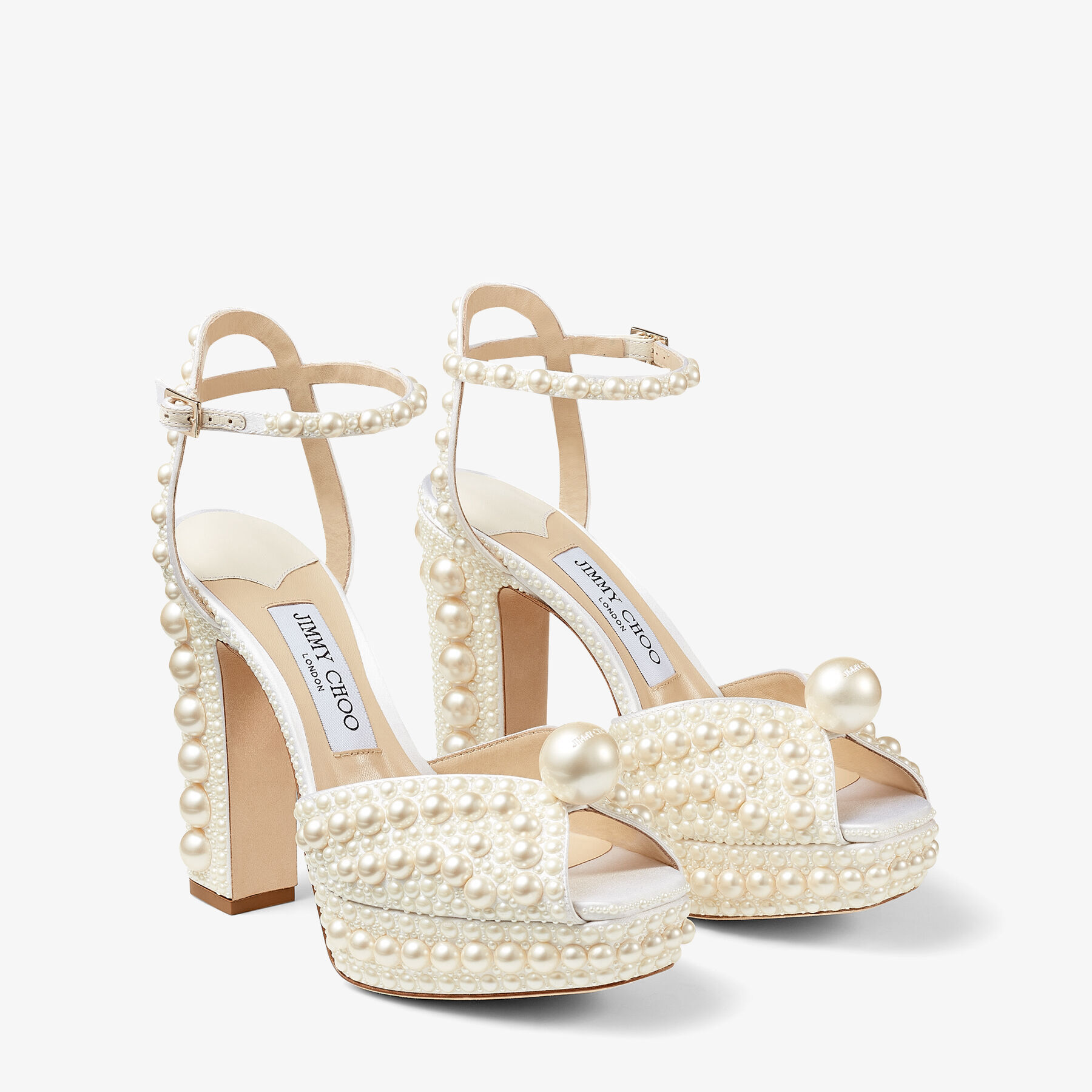 Sacaria Platform 120 White Satin Platform Sandals with All-Over Pearl Embellishment