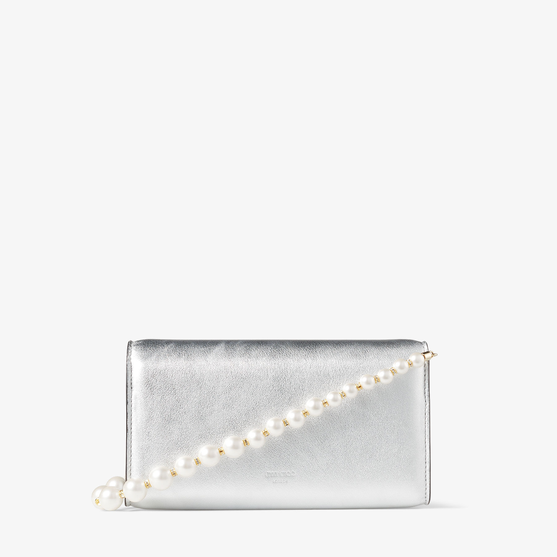 Avenue Wallet Silver Metallic Nappa Leather Wallet with Pearl Strap