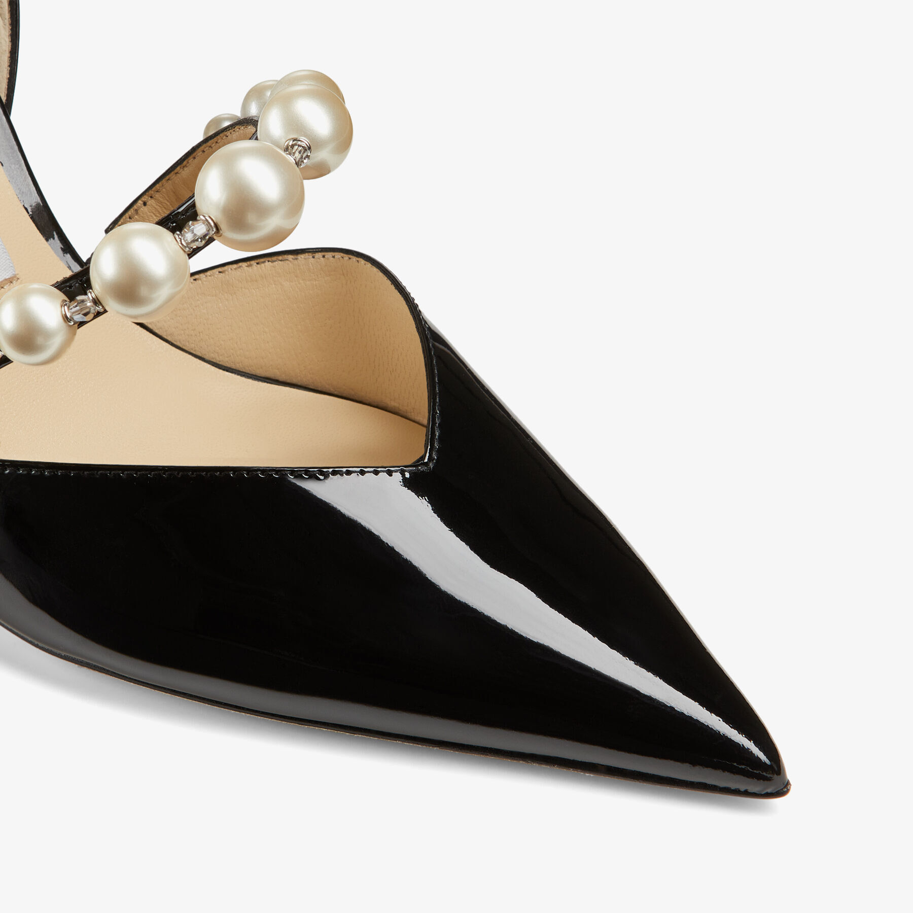 Aurelie 85 Black Patent Leather Pointed Pumps with Pearl Embellishment