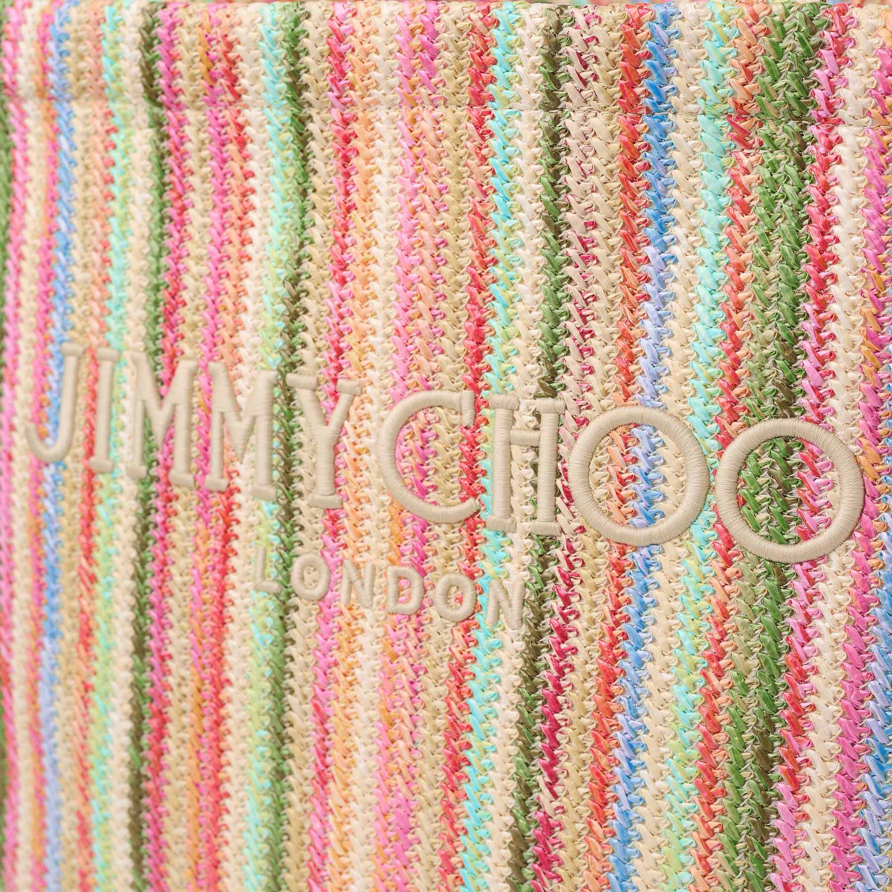 Beach Tote East-West Ecru Striped Raffia Embroidered Tote Bag