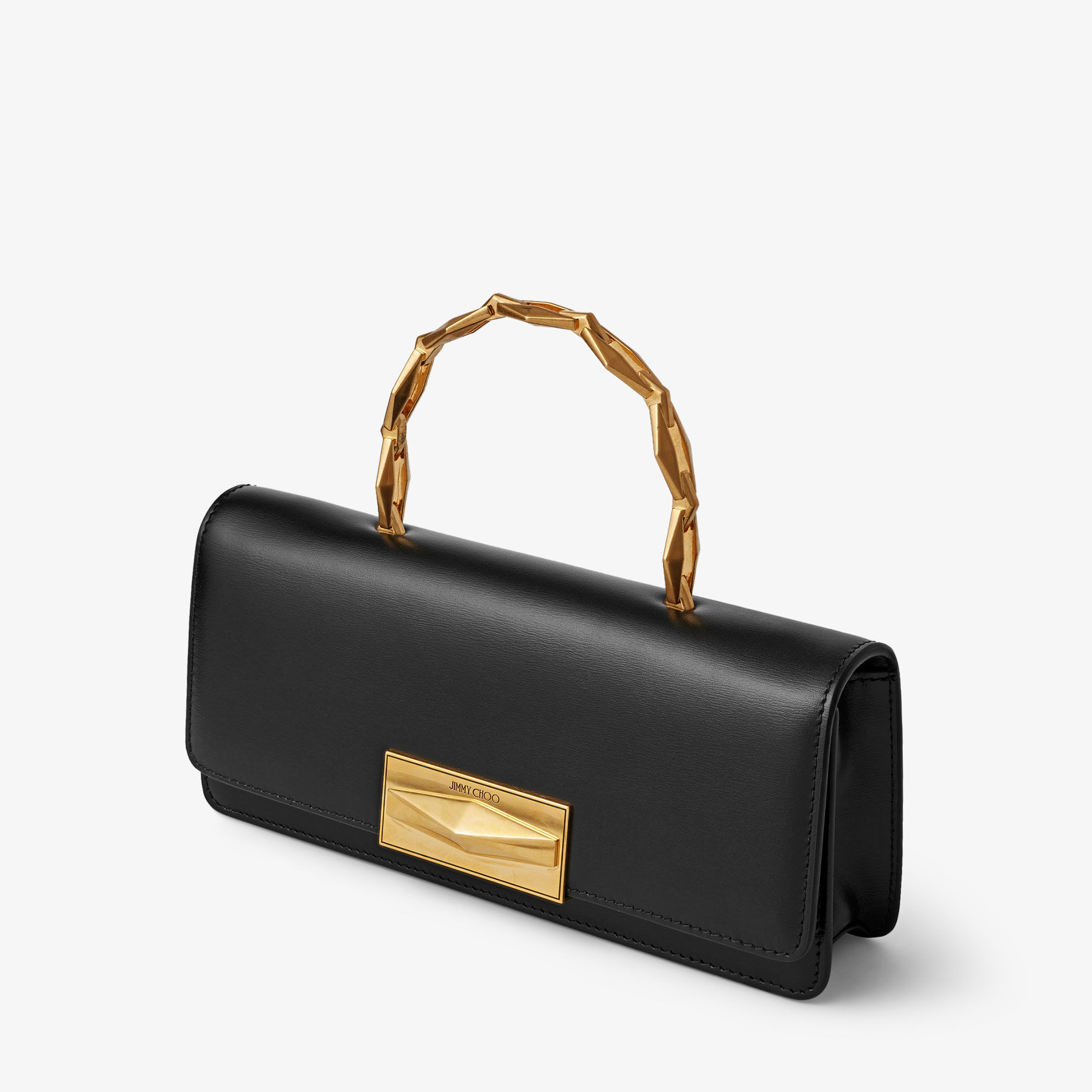 Diamond Chain Top Handle Black Calf Leather Top Handle Bag