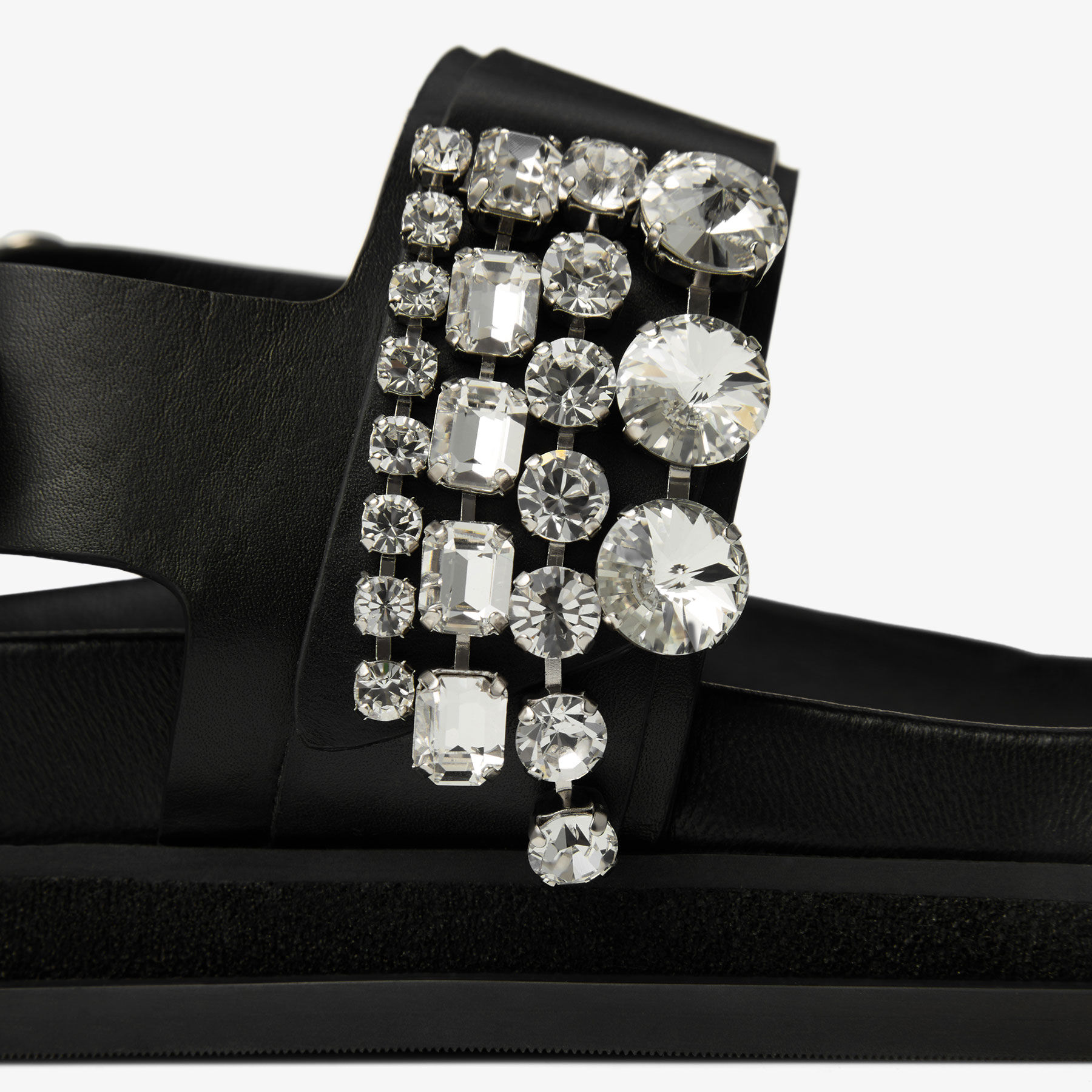 Verity Sandal Flat Black Leather Crystal Flat Sandals