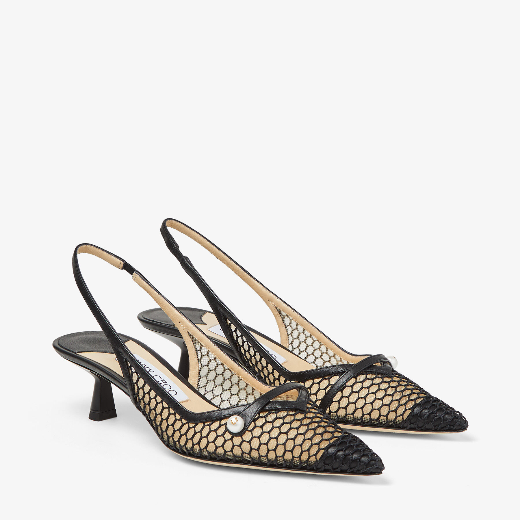 Amita 45 Black Fishnet Mesh and Nappa Slingback Pumps