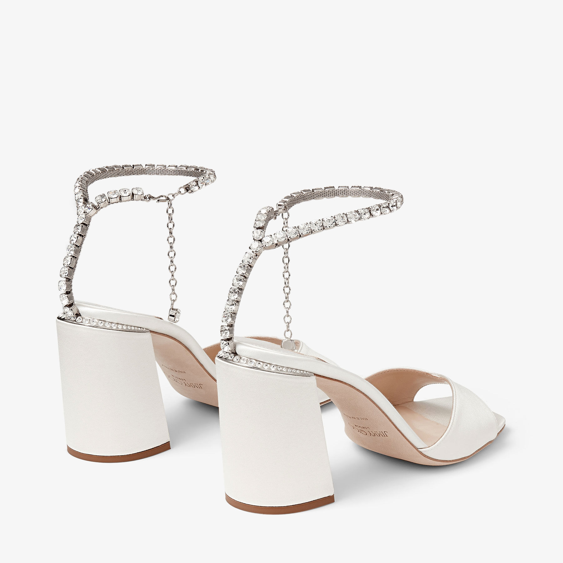 Saeda Sandal Block Heel 85 Ivory Satin Block Heel Sandals with Crystal Chain