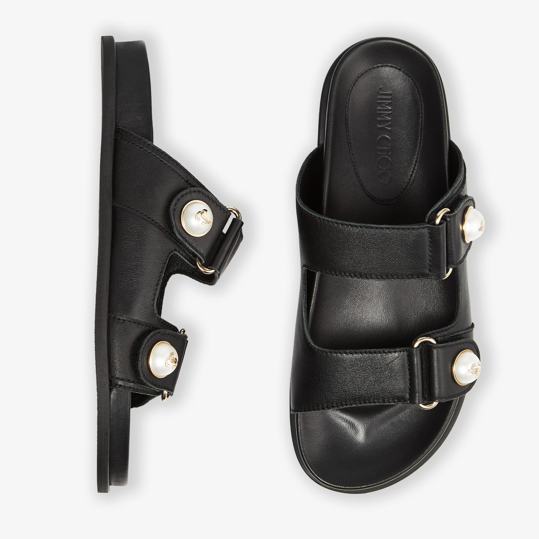 Fayence Sandal Black Leather Flat Sandals with Pearl Embellishment