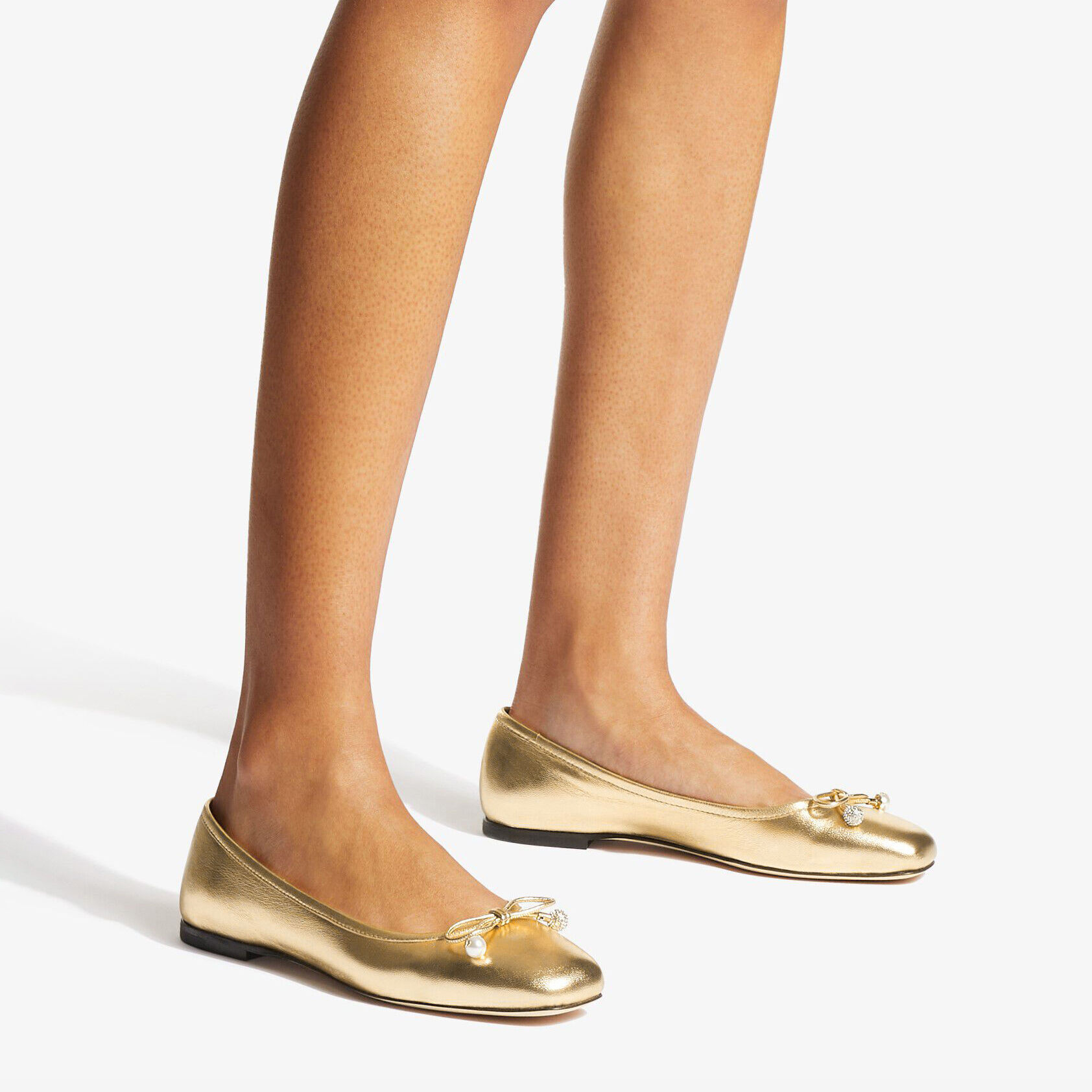 Elme Flat Gold Metallic Nappa Leather Flats with Pearl Embellishment