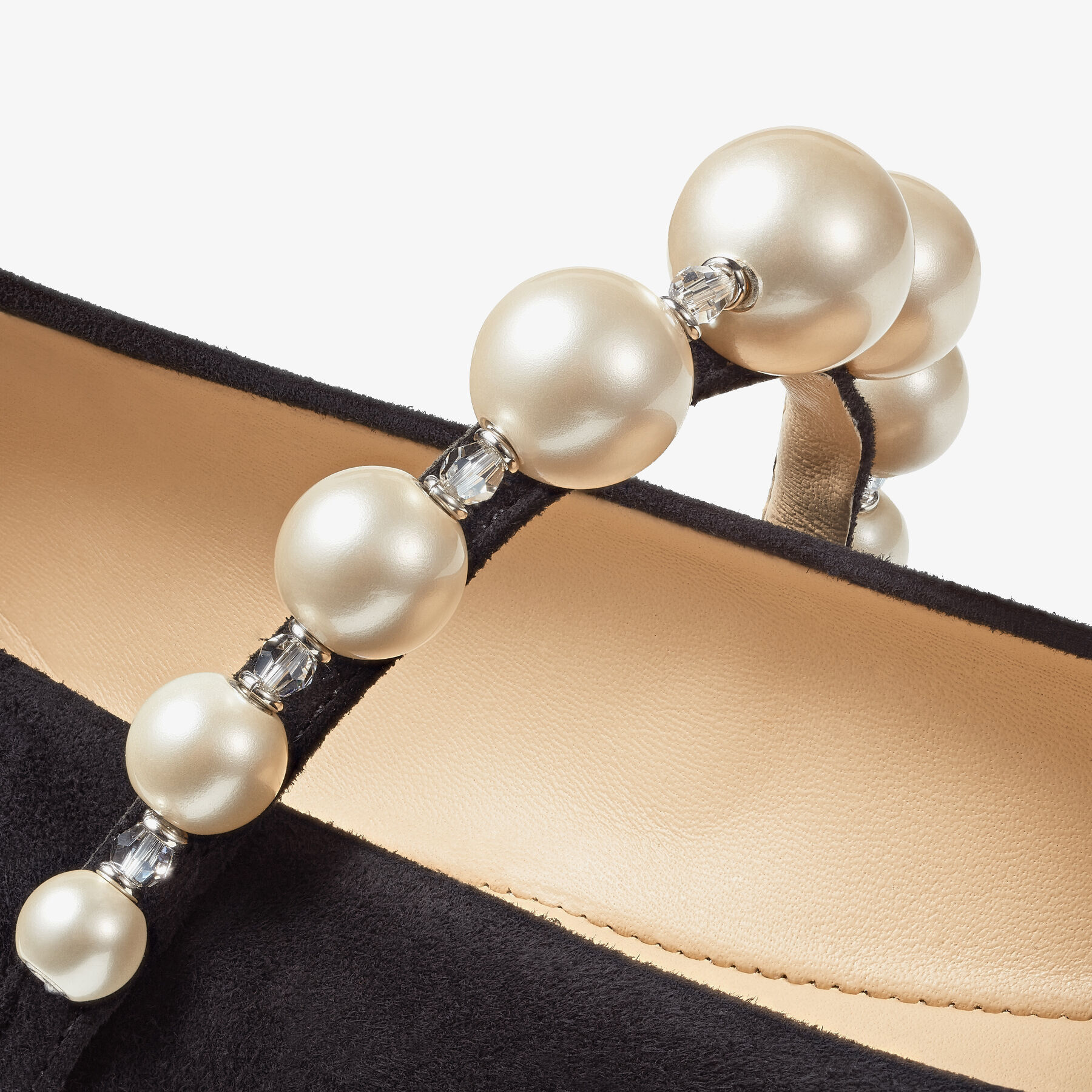 Ade Flat Black Suede Flats with Pearl Embellishment