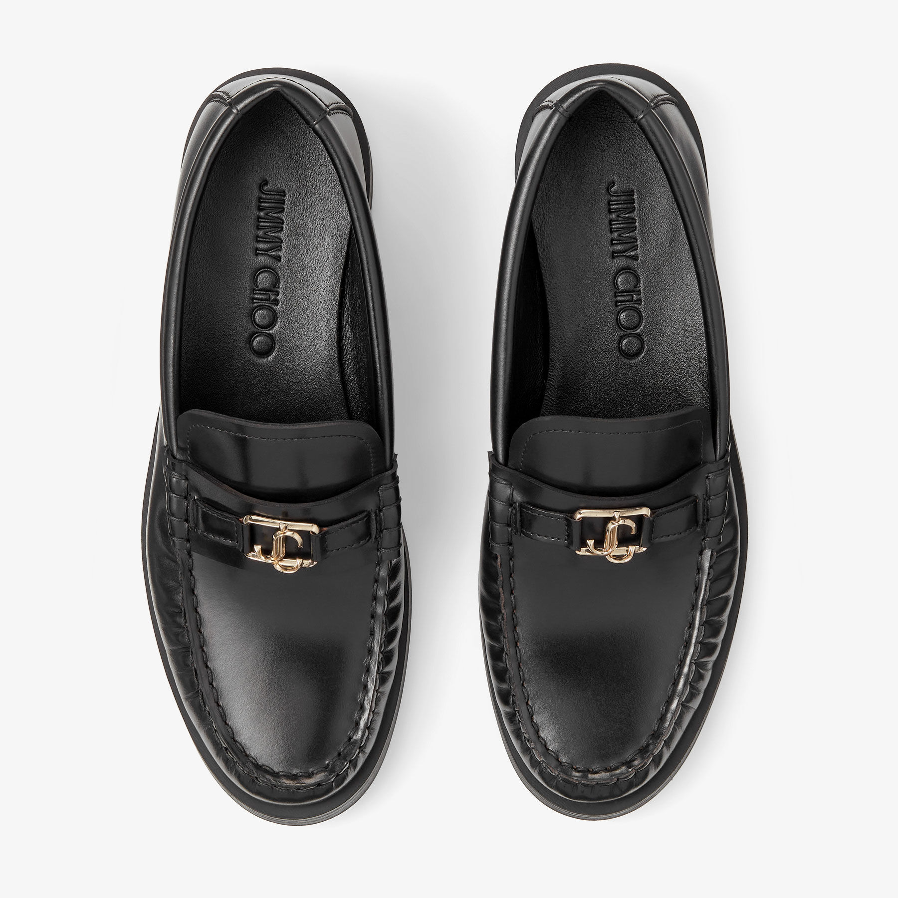 Addie Loafer Black Box Calf Leather Flat Loafers with JC Emblem