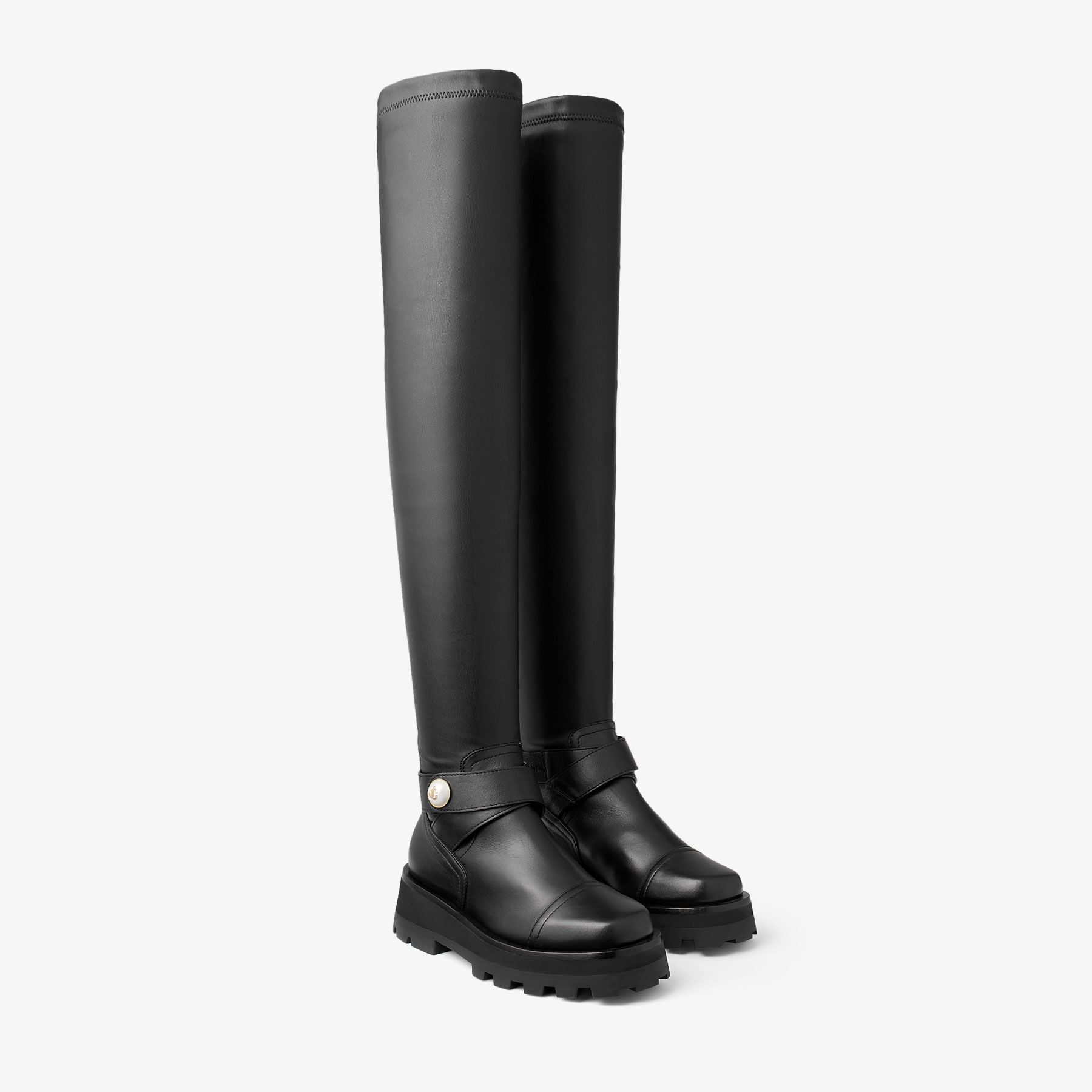 Meena Over The Knee Flat Black Leather Over-The-Knee Boots